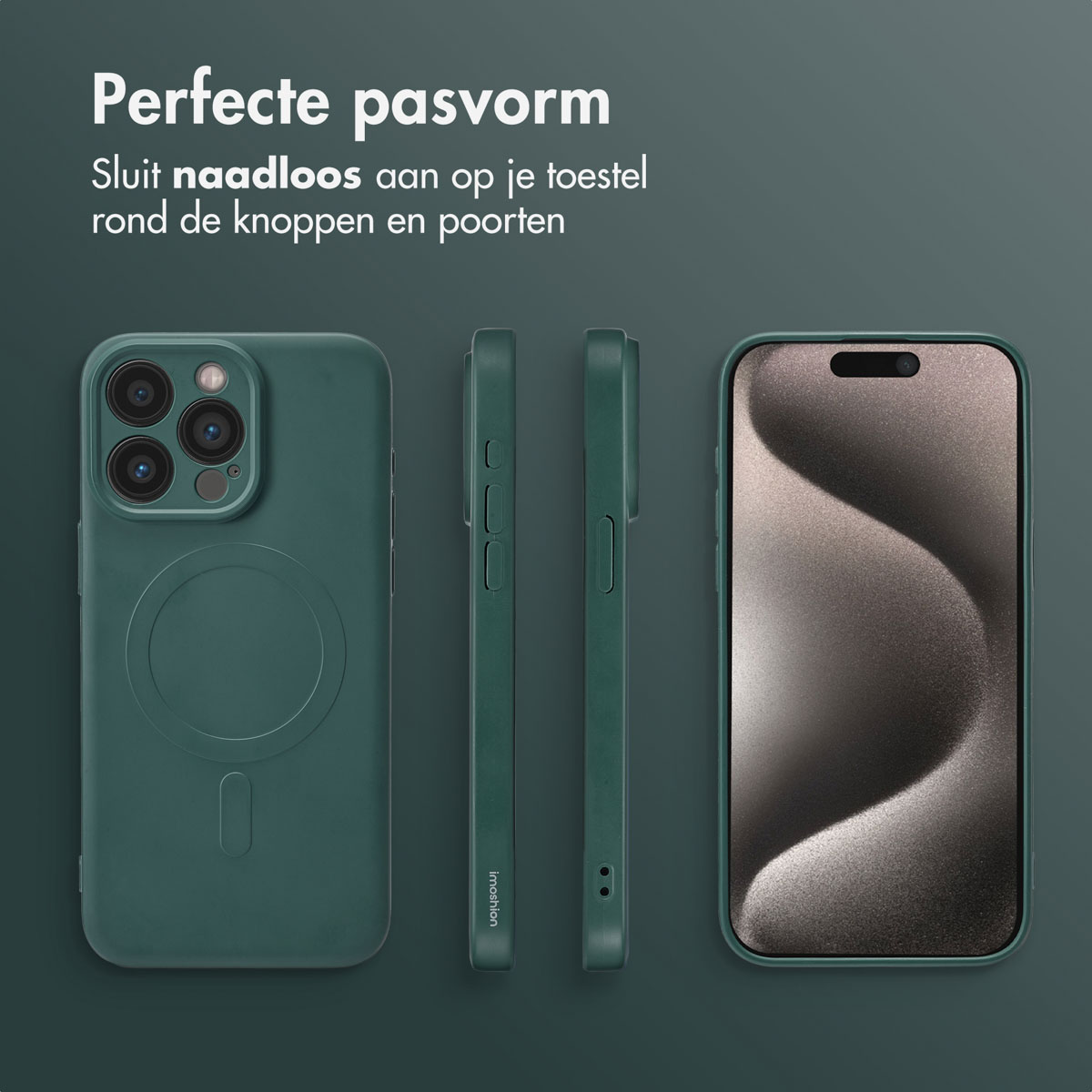 Coque de téléphone vert foncé avec écran de téléphone, vues latérales et texte en arrière-plan.