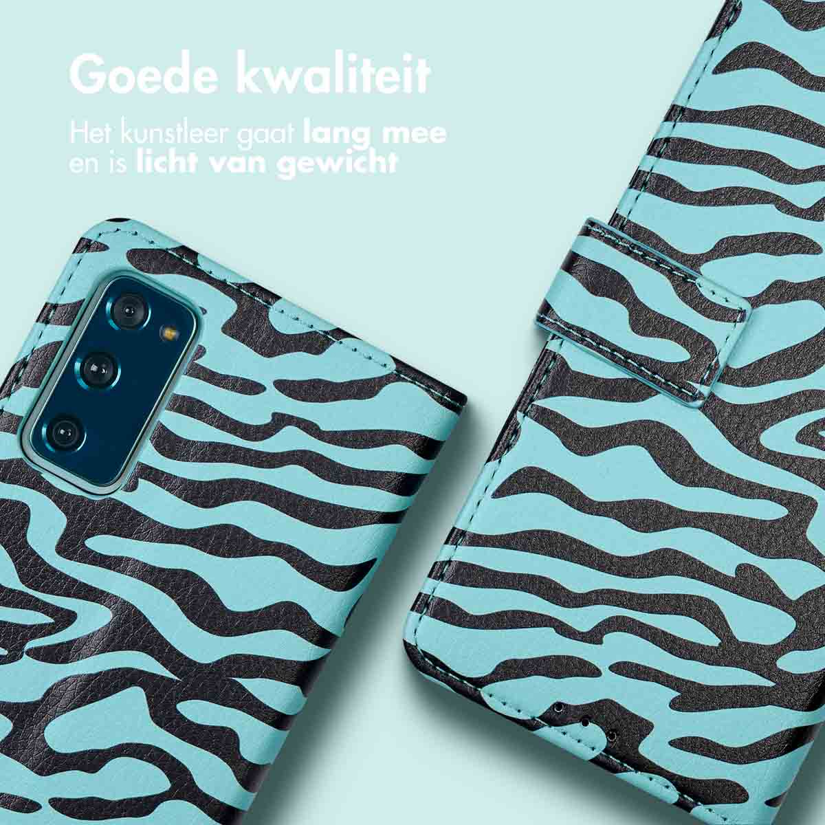 Coque de téléphone avec imprimé zèbre bleu. Deux parties, ouverte et fermée.