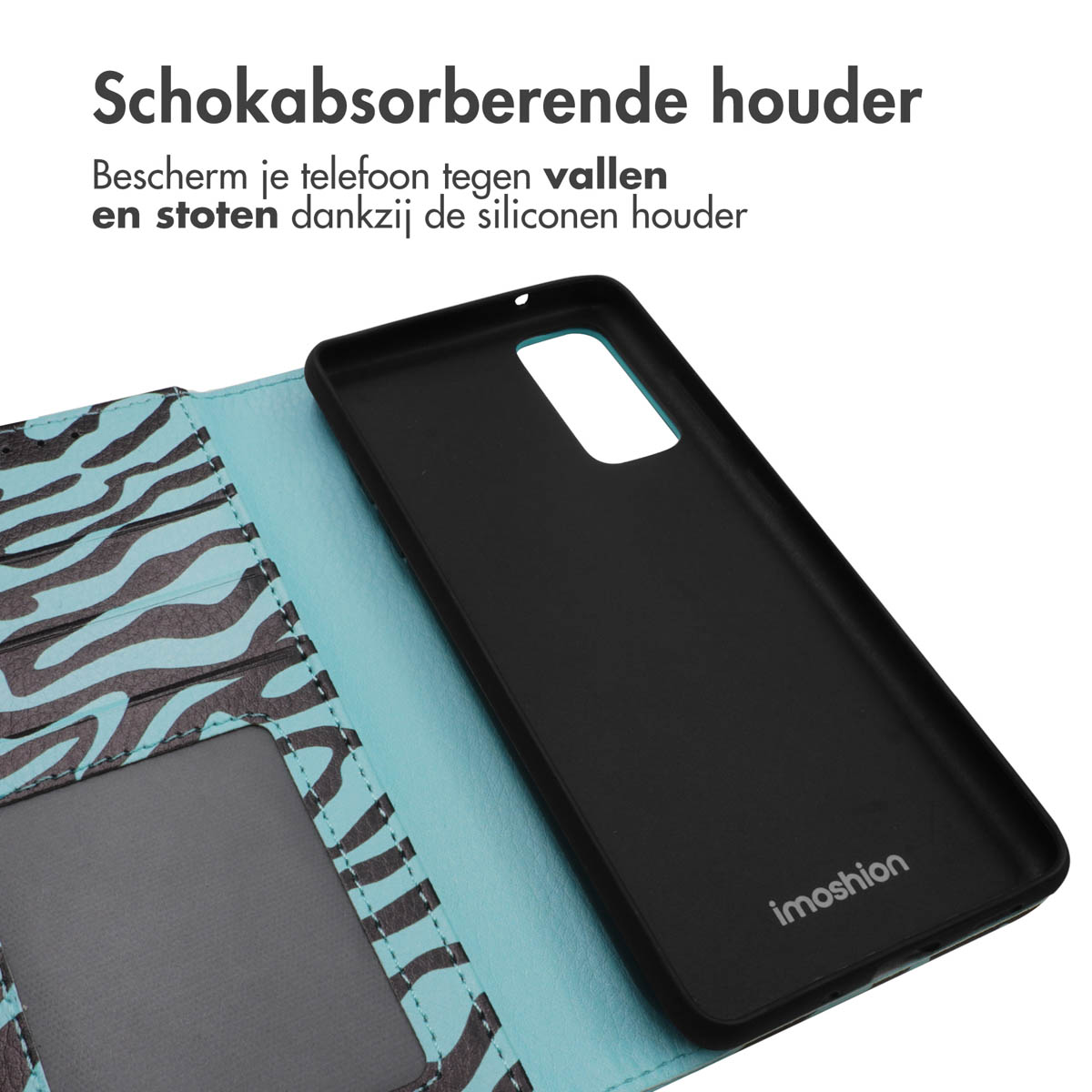 Coque de téléphone noire, ouverte, avec une couverture bleue et zébrée. Téléphone noir à l'intérieur.