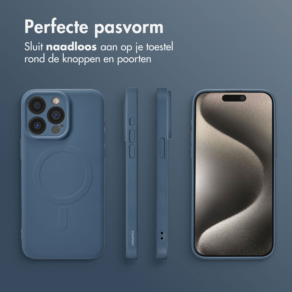 Coque de téléphone bleue avec écran de téléphone, vues latérales et texte en arrière-plan.