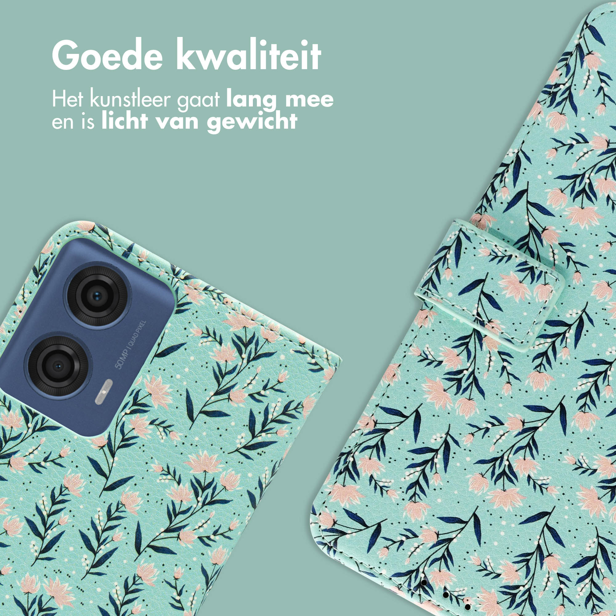 Telefoonhoes met bloemenpatroon, open om de camera van de telefoon te onthullen. Lichtblauw en roze.