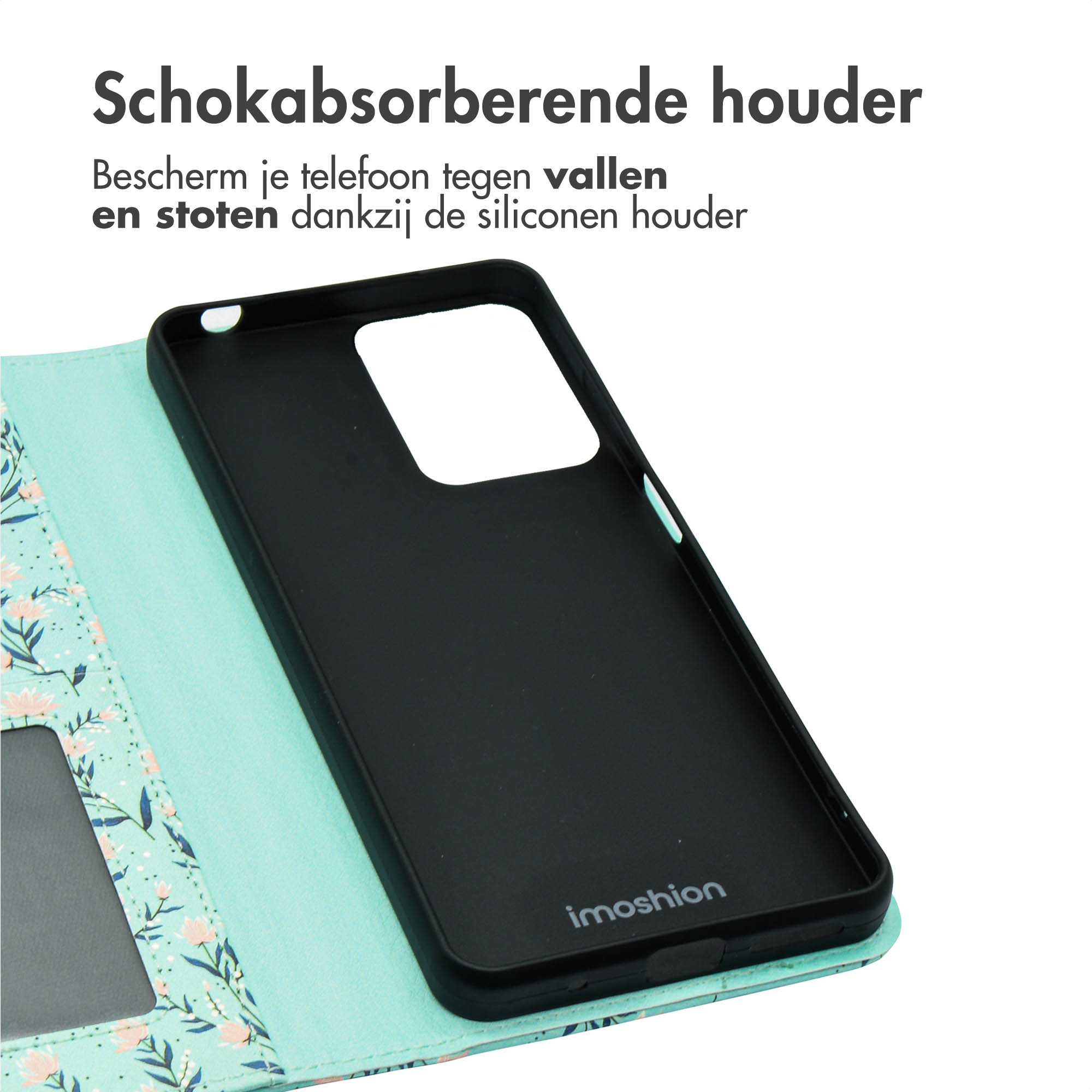 Zwart telefoonhoesje met bloemenontwerp. Open hoesje toont zwart interieur en telefoon.