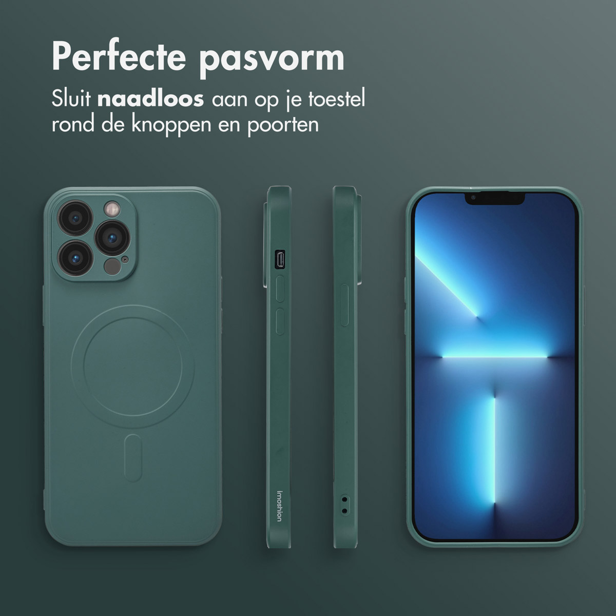 Coque de téléphone et téléphone. Plusieurs vues du téléphone. Coque verte.