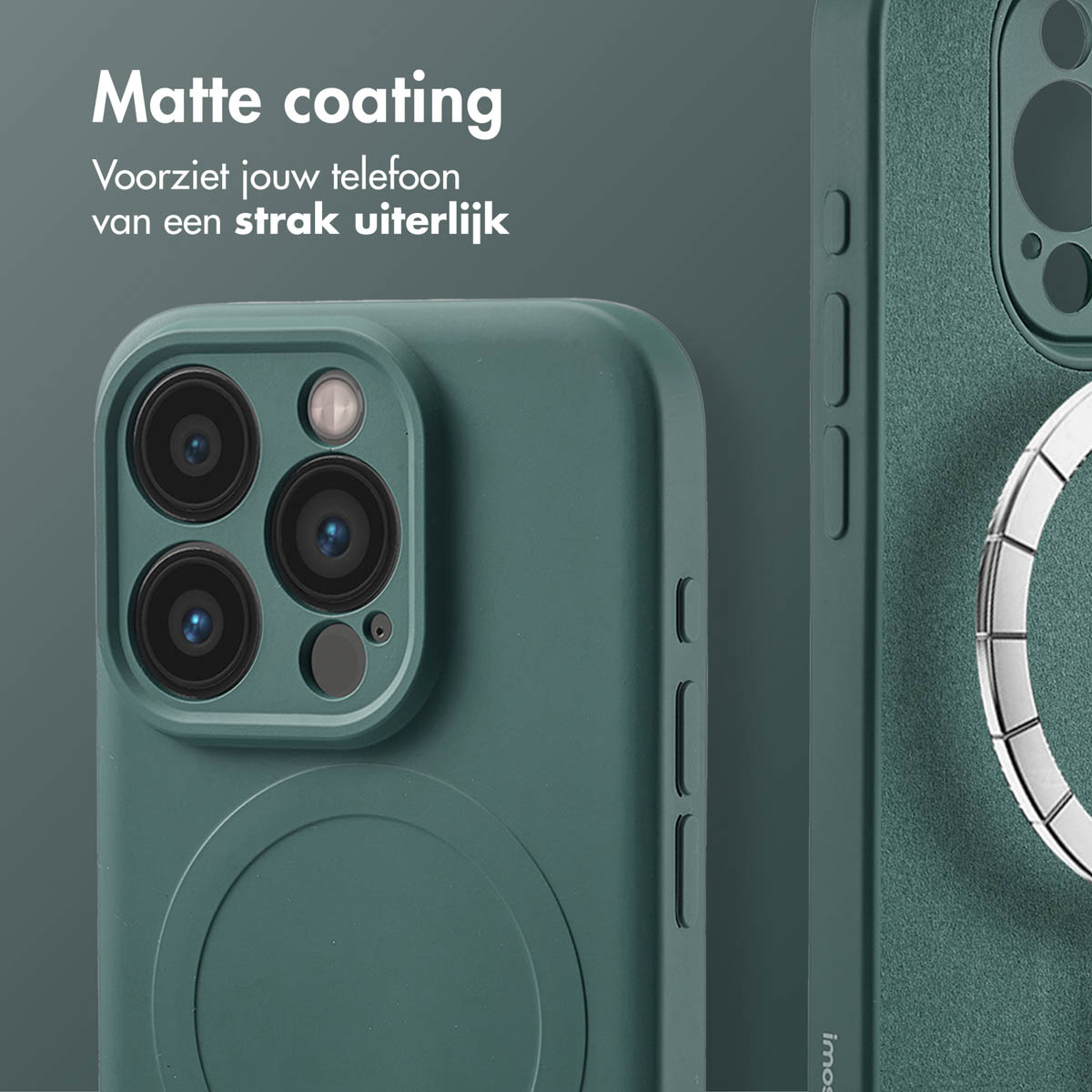 Un étui de téléphone vert avec une finition mate, présentant l'appareil photo et l'anneau MagSafe. Le texte 'Matte coating' est visible.
