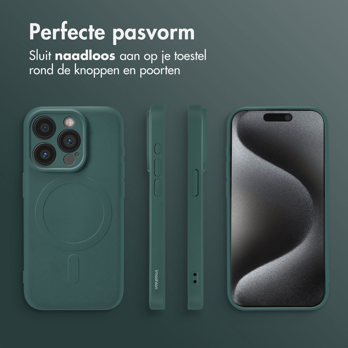 Coque de téléphone vert foncé avec écran de téléphone, vues latérales et texte en arrière-plan.