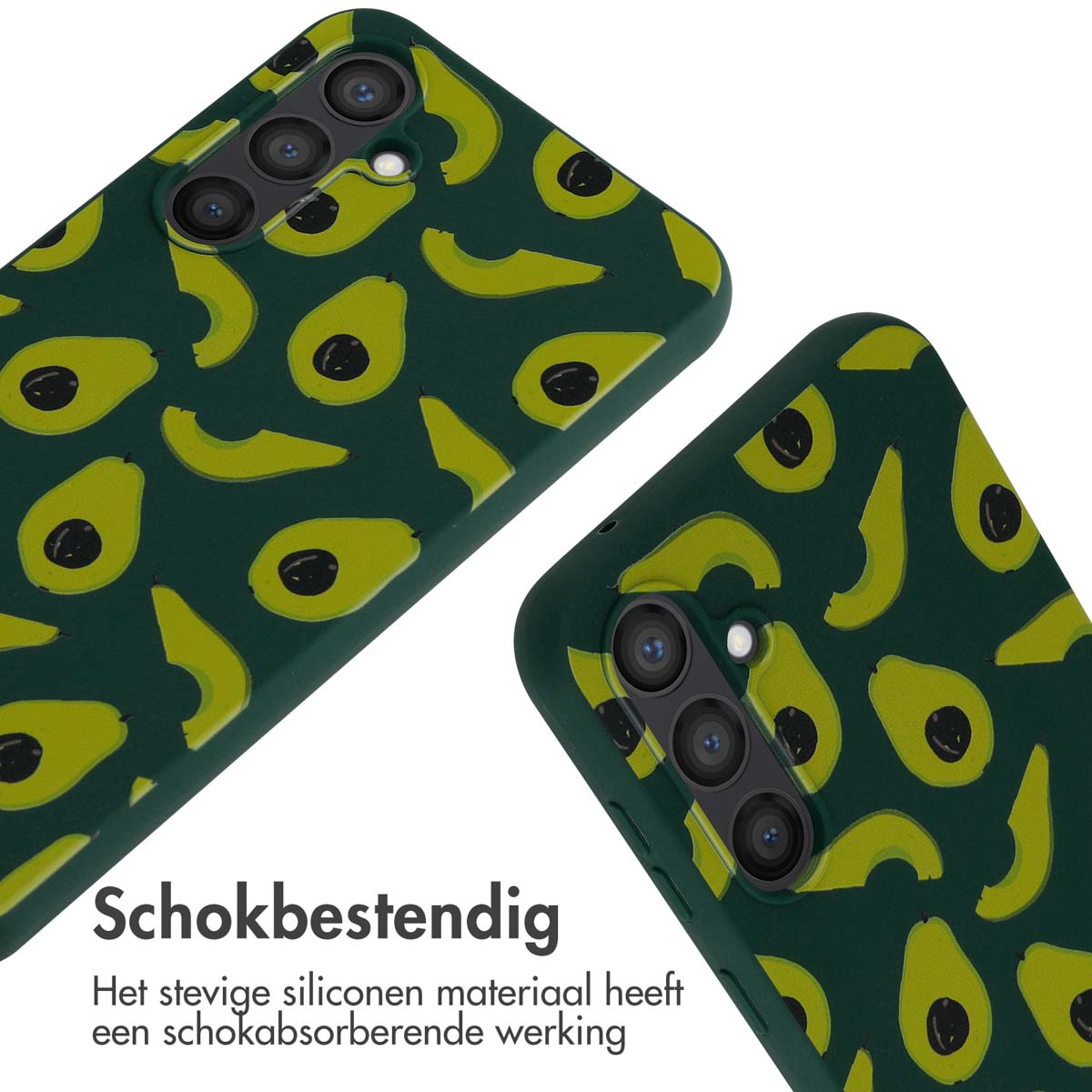 Groene telefoonhoesjes met avocado-patroon. Tekst: 'Schokbestendig' in het Nederlands.