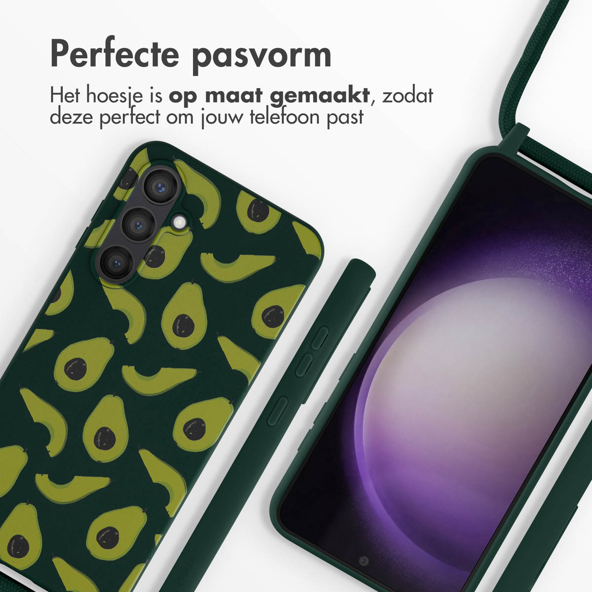 Telefoonhoesje met avocadopatroon en een telefoon met groen scherm is zichtbaar.