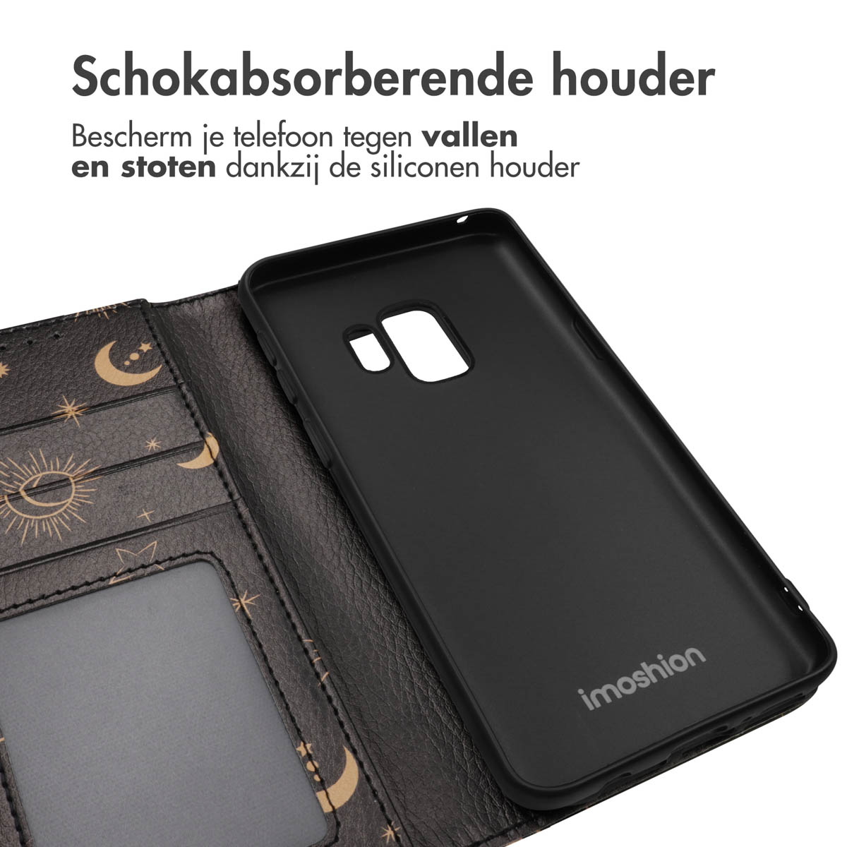 Zwarte telefoonhoes. Open portemonnee stijl. Imoshion logo.