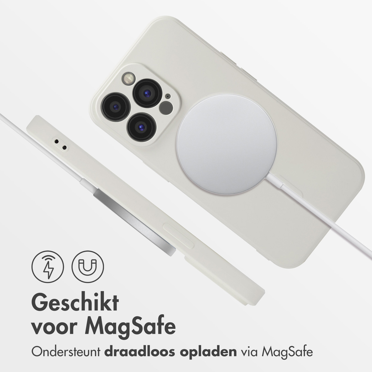 Witte telefoon met MagSafe-oplader aangesloten. Ondersteunt draadloos opladen.