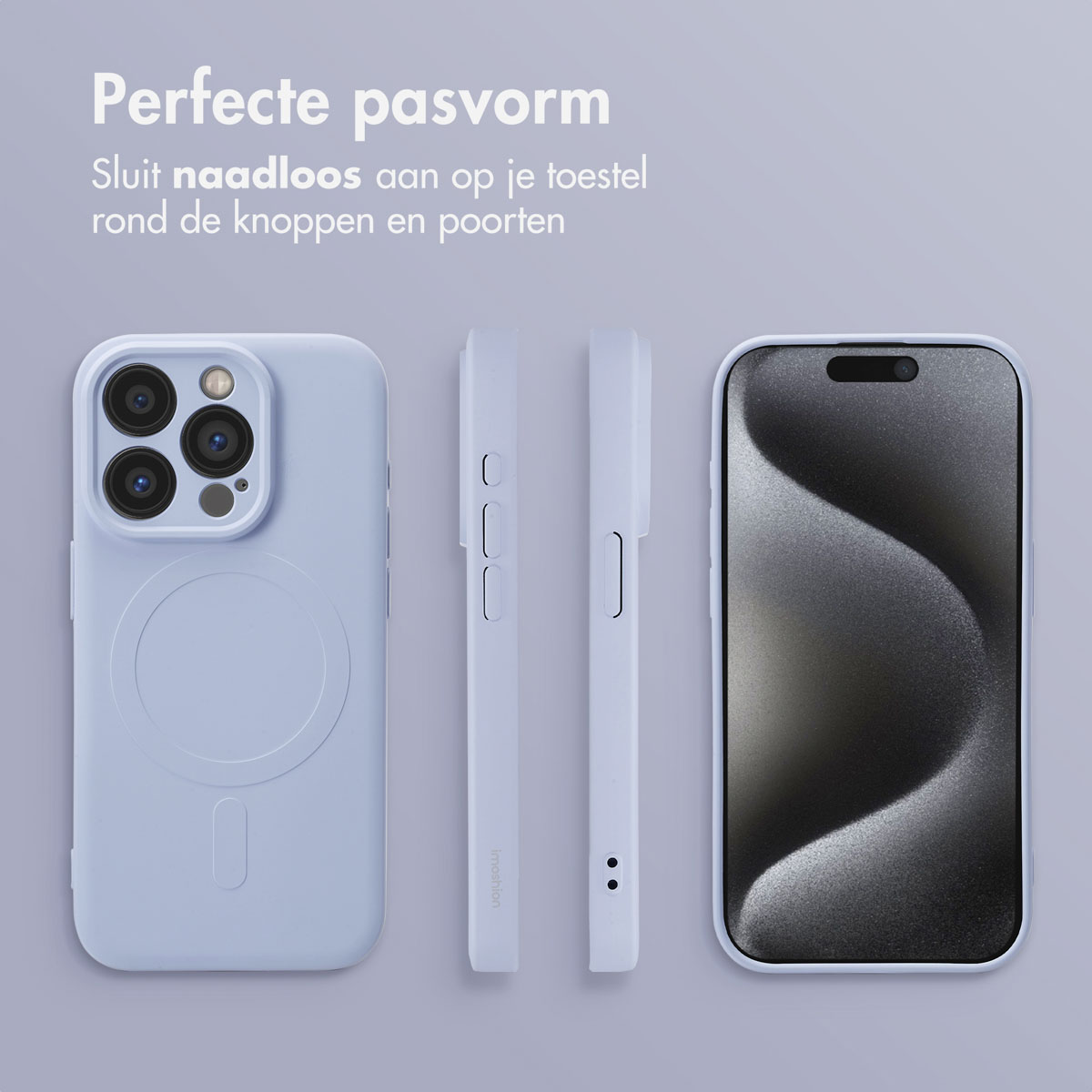 Lichtblauwe telefoonhoes met telefoon en twee zijaanzichten, op lichtpaarse achtergrond.