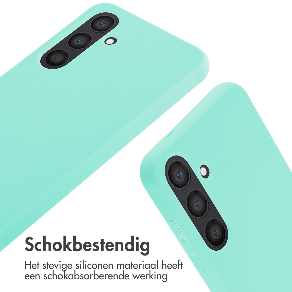 Dos primeros planos de fundas de teléfono menta. La funda superior está en ángulo, la inferior está más cerca.