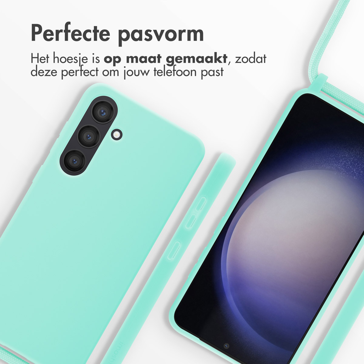 Una funda de teléfono menta con un teléfono. Un estuche de cordón en el fondo.
