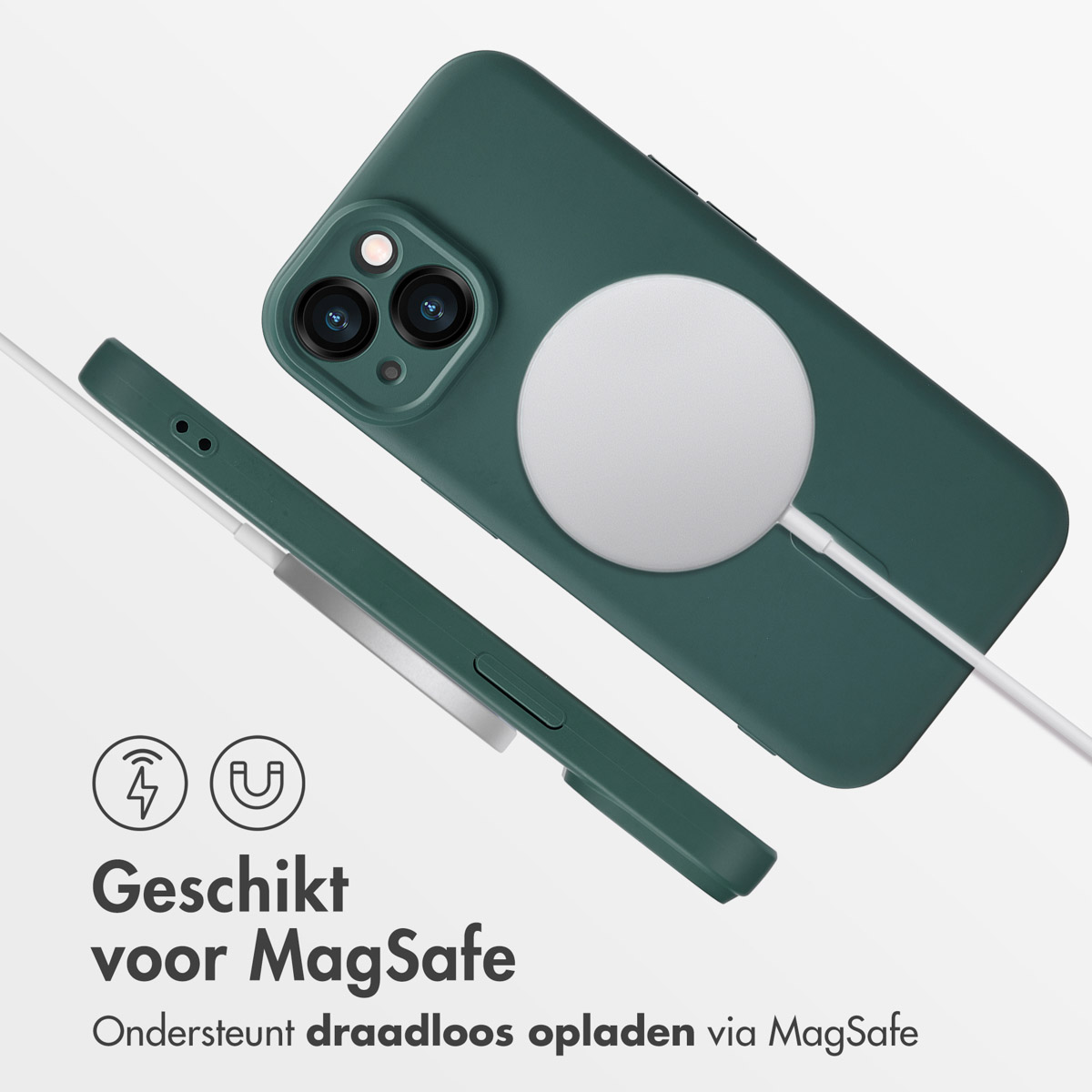 Green phone and case. White magnetic circle. White charging cable. Wireless charging.