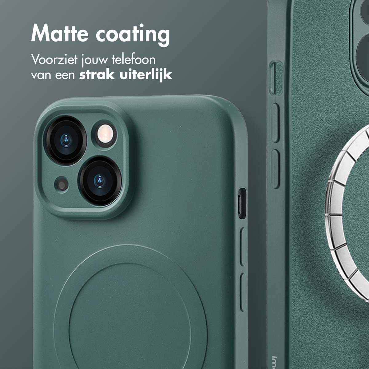 Green phone case with multiple lenses. The background is a matte green surface.