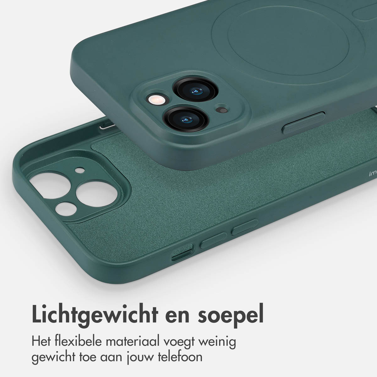 Green phone case with a top view on the bottom view. The background is white. Text reads 'Lightweight and supple'.