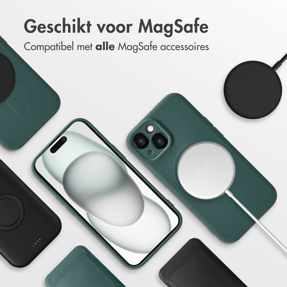 Green phone cases and accessories on a white background. Text says 'Suitable for MagSafe. Compatible with all MagSafe accessories'.