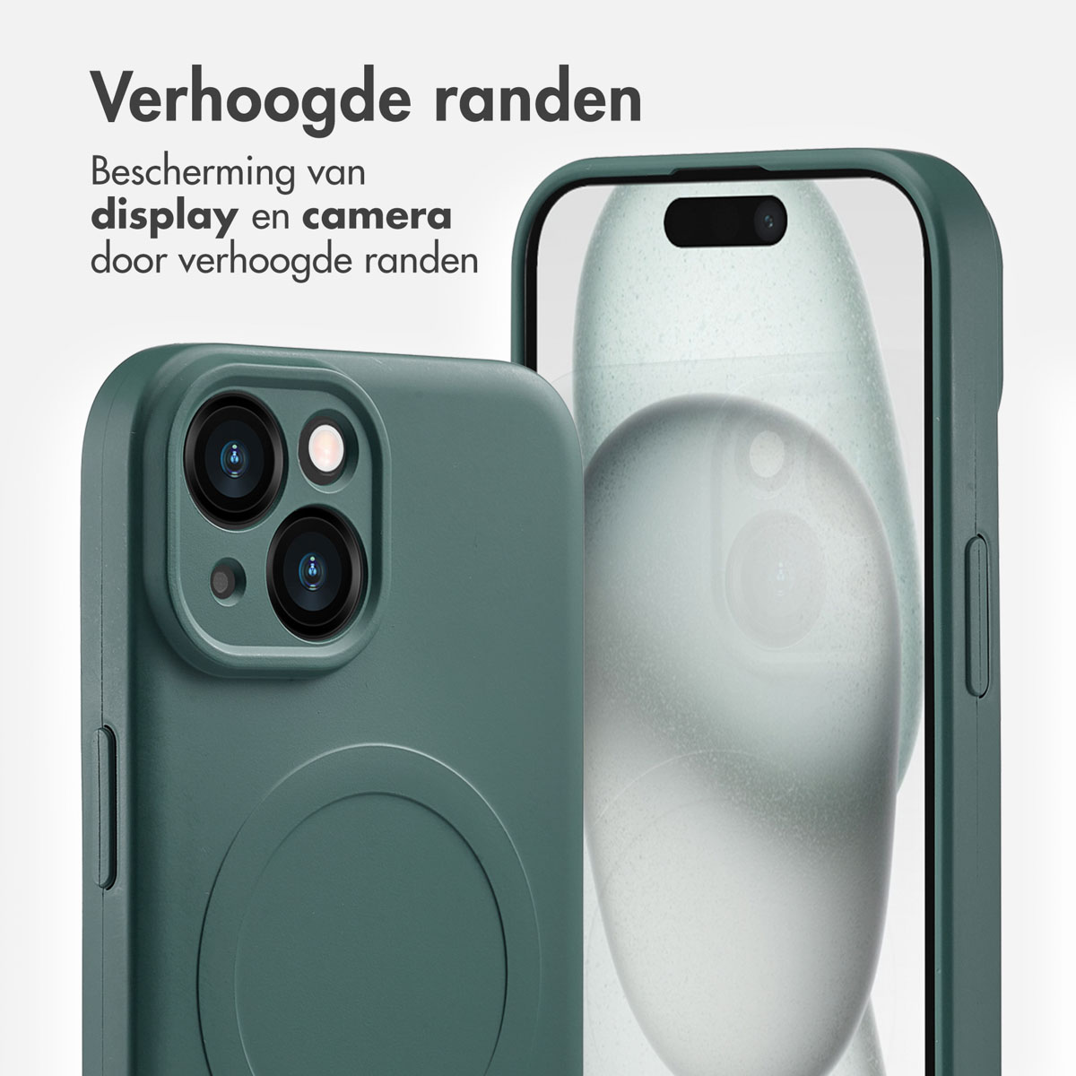 Green phone case and phone. Dark green background.