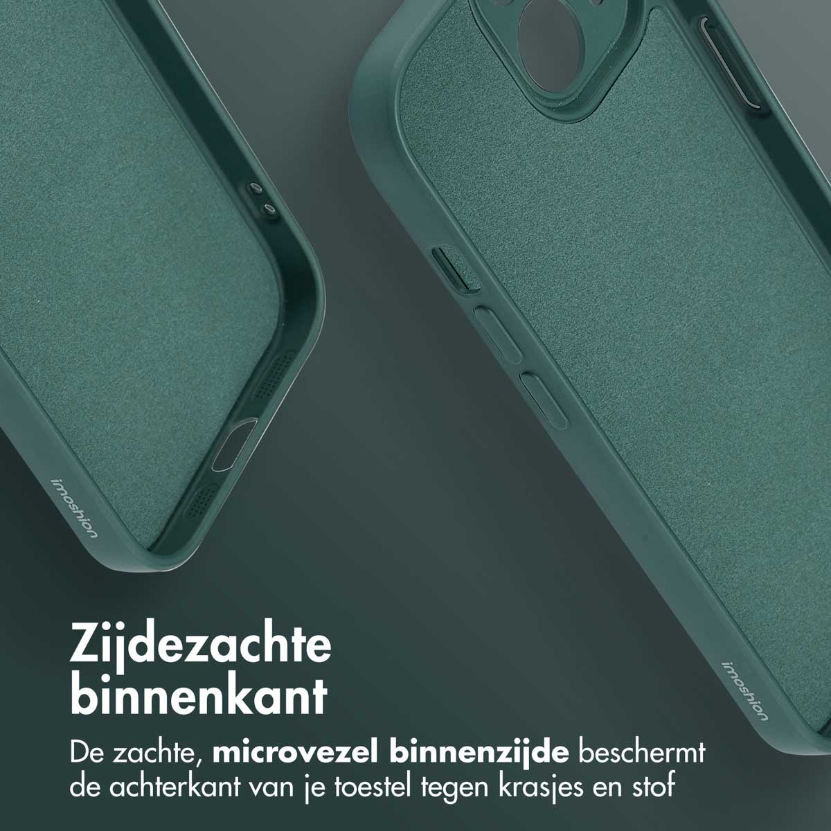Green phone case. Close up of case texture. The inside is soft microfibre.
