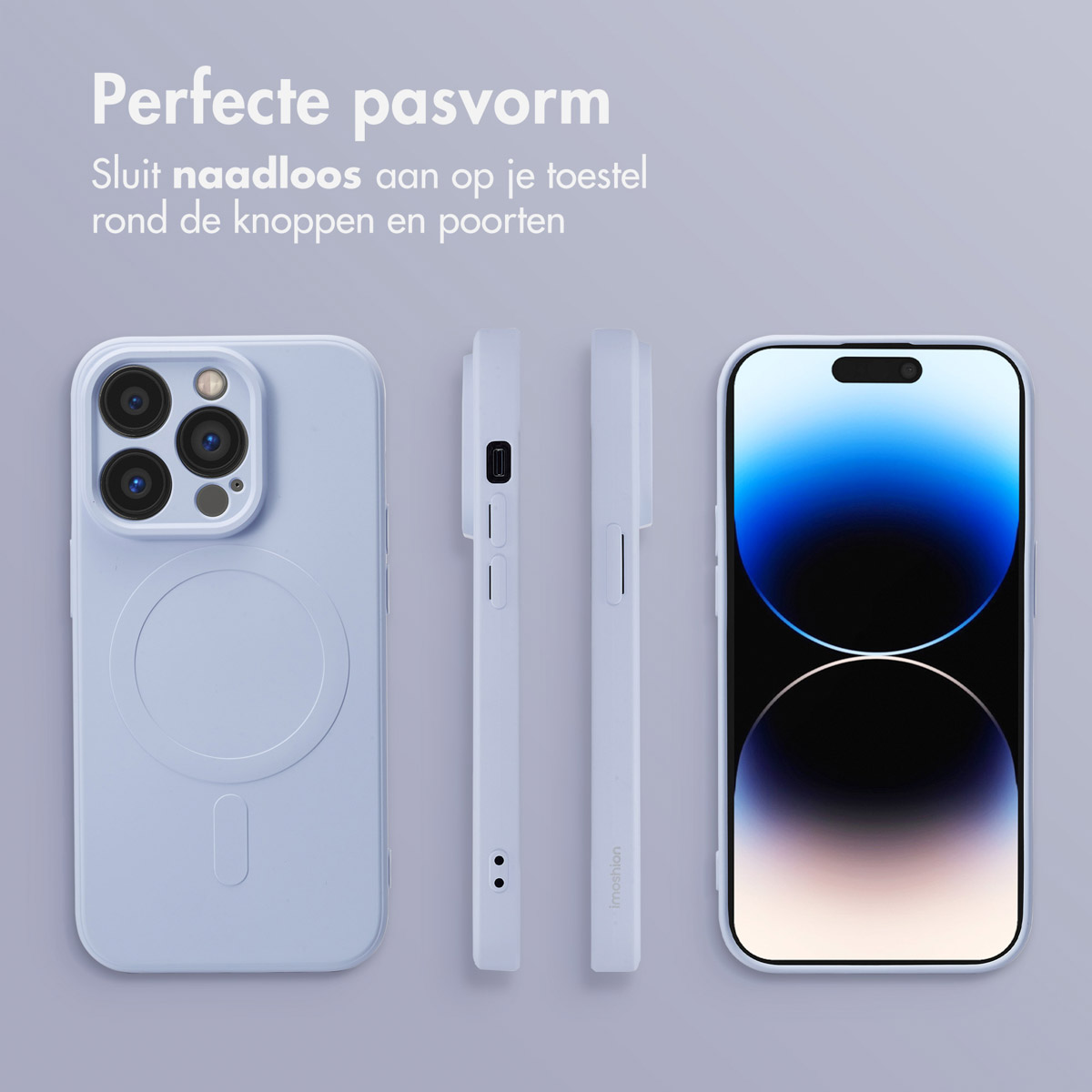 Lichtblauwe telefoonhoes met telefoon en twee zijaanzichten, op een grijze achtergrond. Tekst luidt 'Perfecte pasvorm'.
