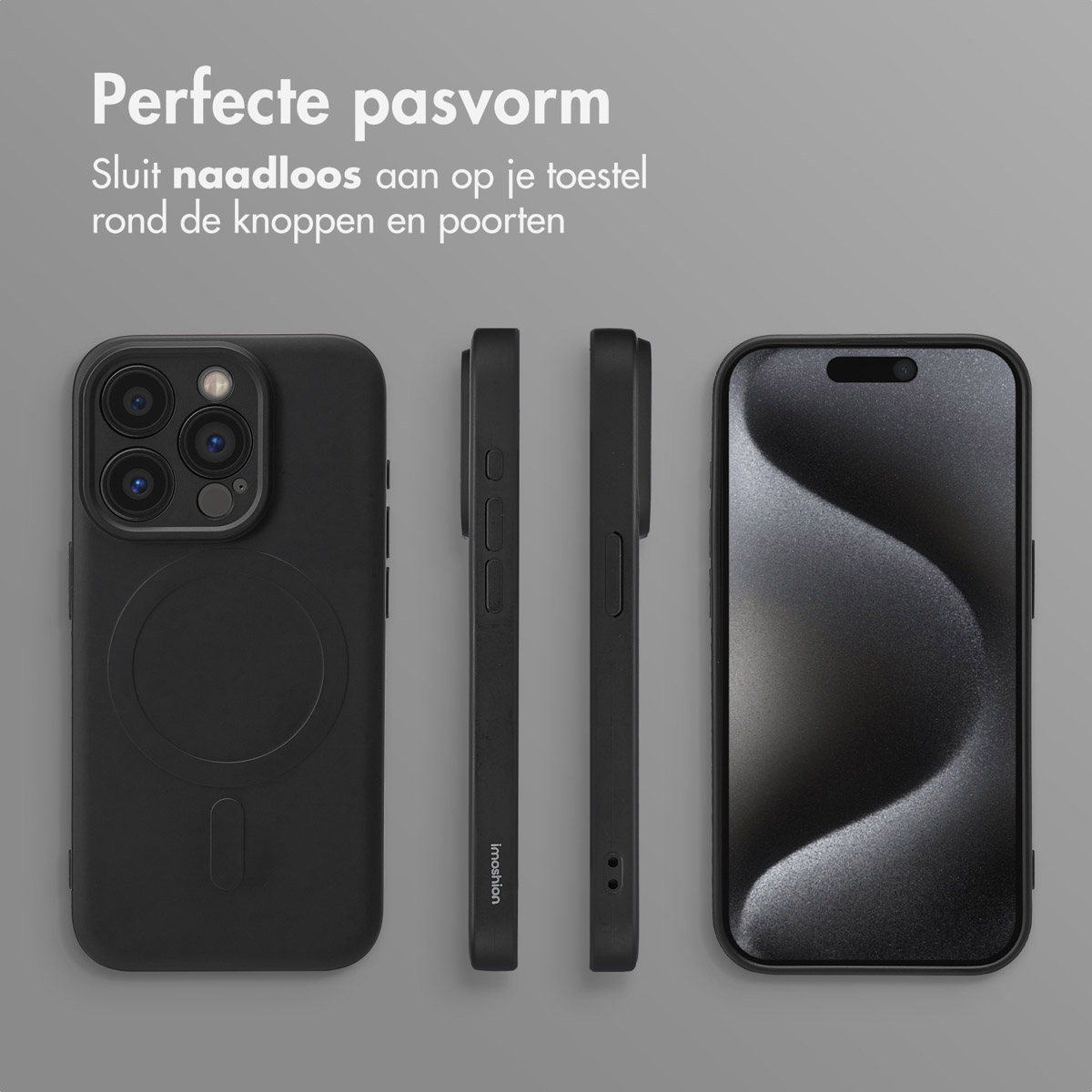 Zwarte telefoonhoes met telefoon en twee zijaanzichten, op een grijze achtergrond. Tekst luidt 'Perfecte pasvorm'.