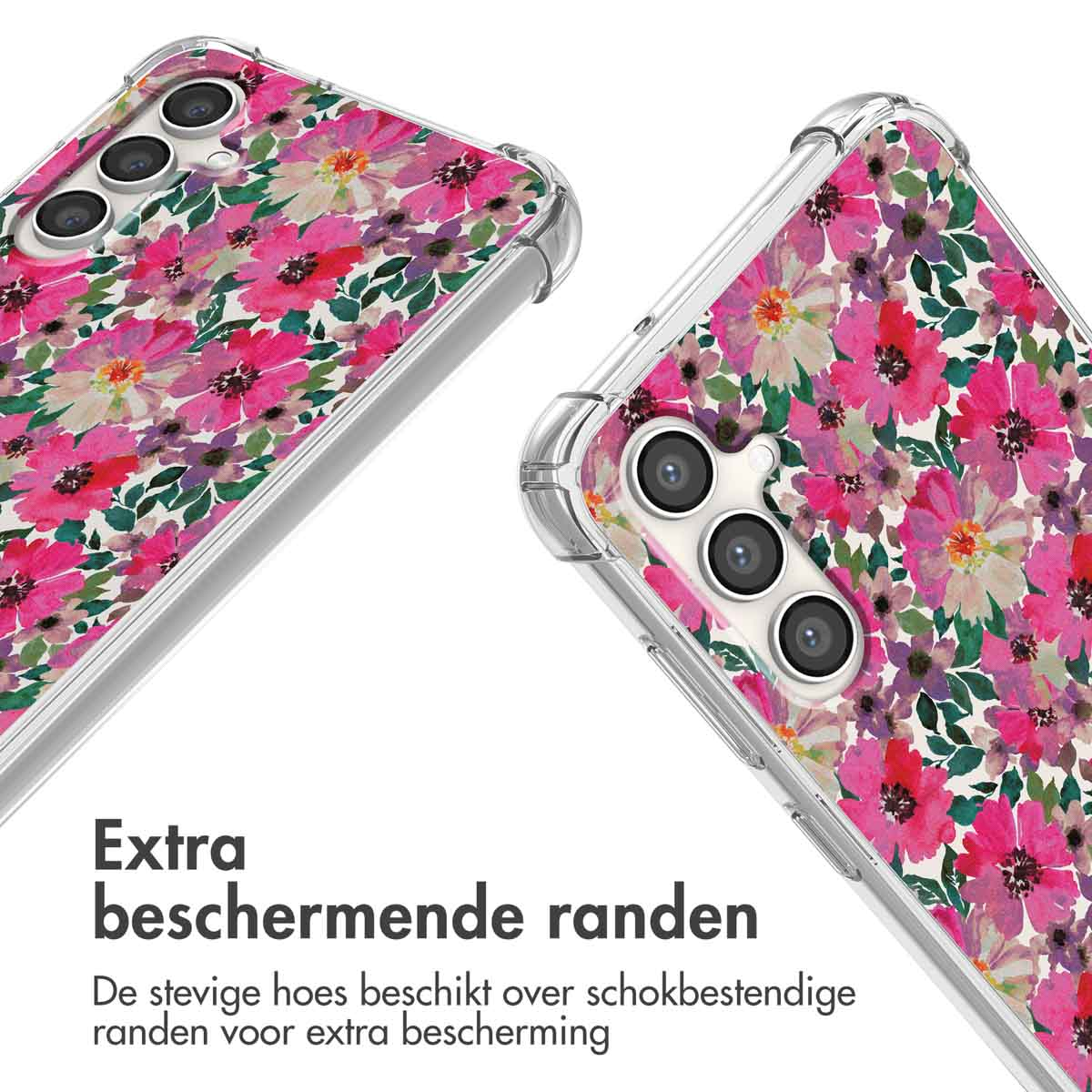 Twee telefoonhoesjes met bloempatronen. De patronen staan op de achterkant.