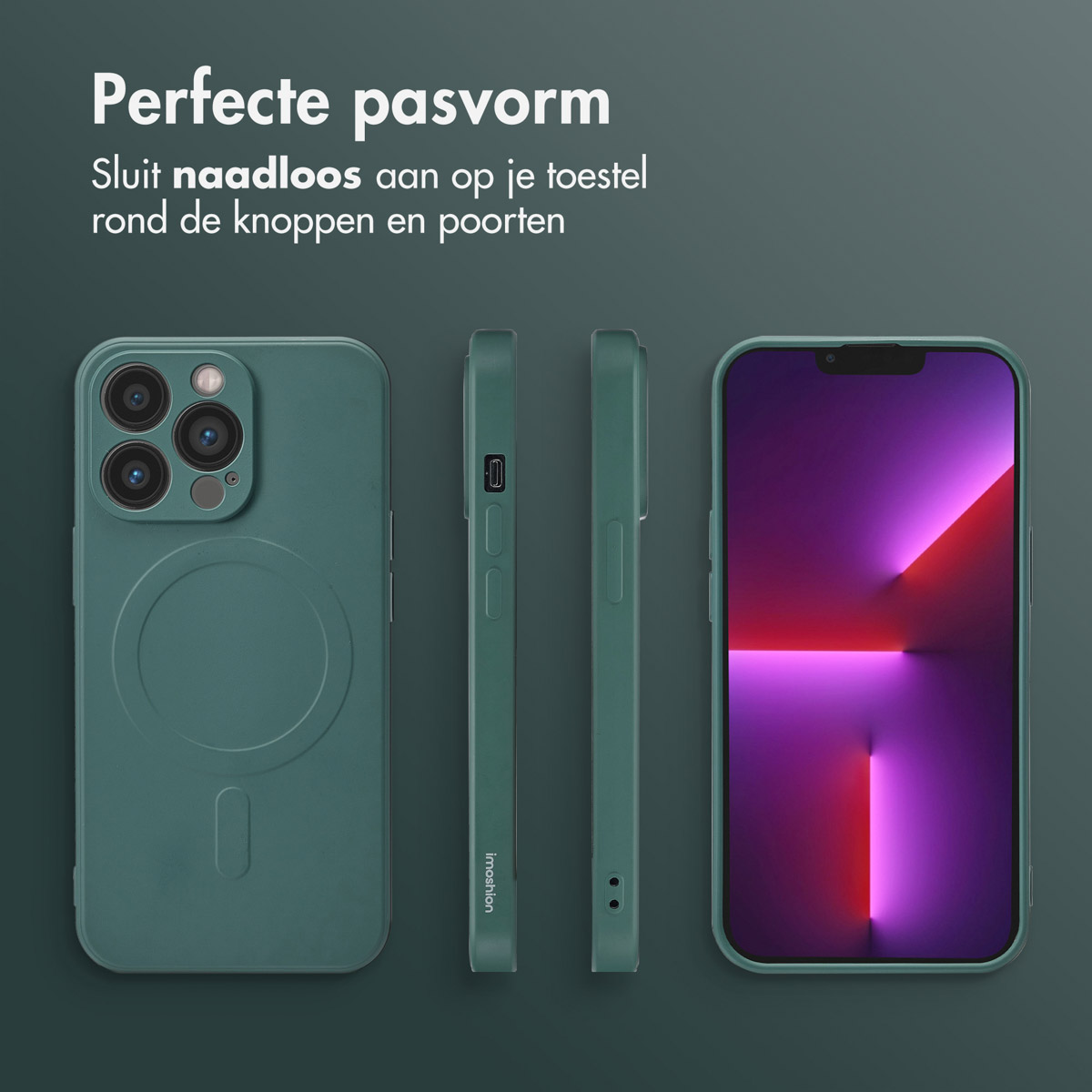 Groene telefoonhoes met telefoon en twee zijaanzichten, op een donkergrijze achtergrond. Tekst luidt 'Perfecte pasvorm'.