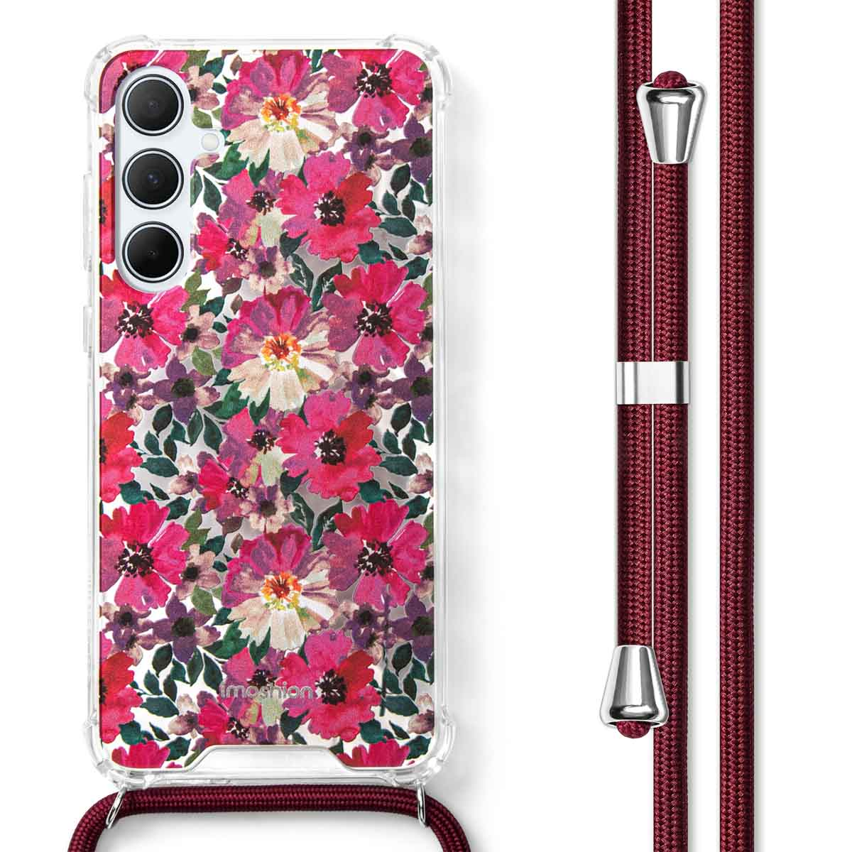 Coque de téléphone avec un motif floral, avec des fleurs rouges et roses, avec une sangle.