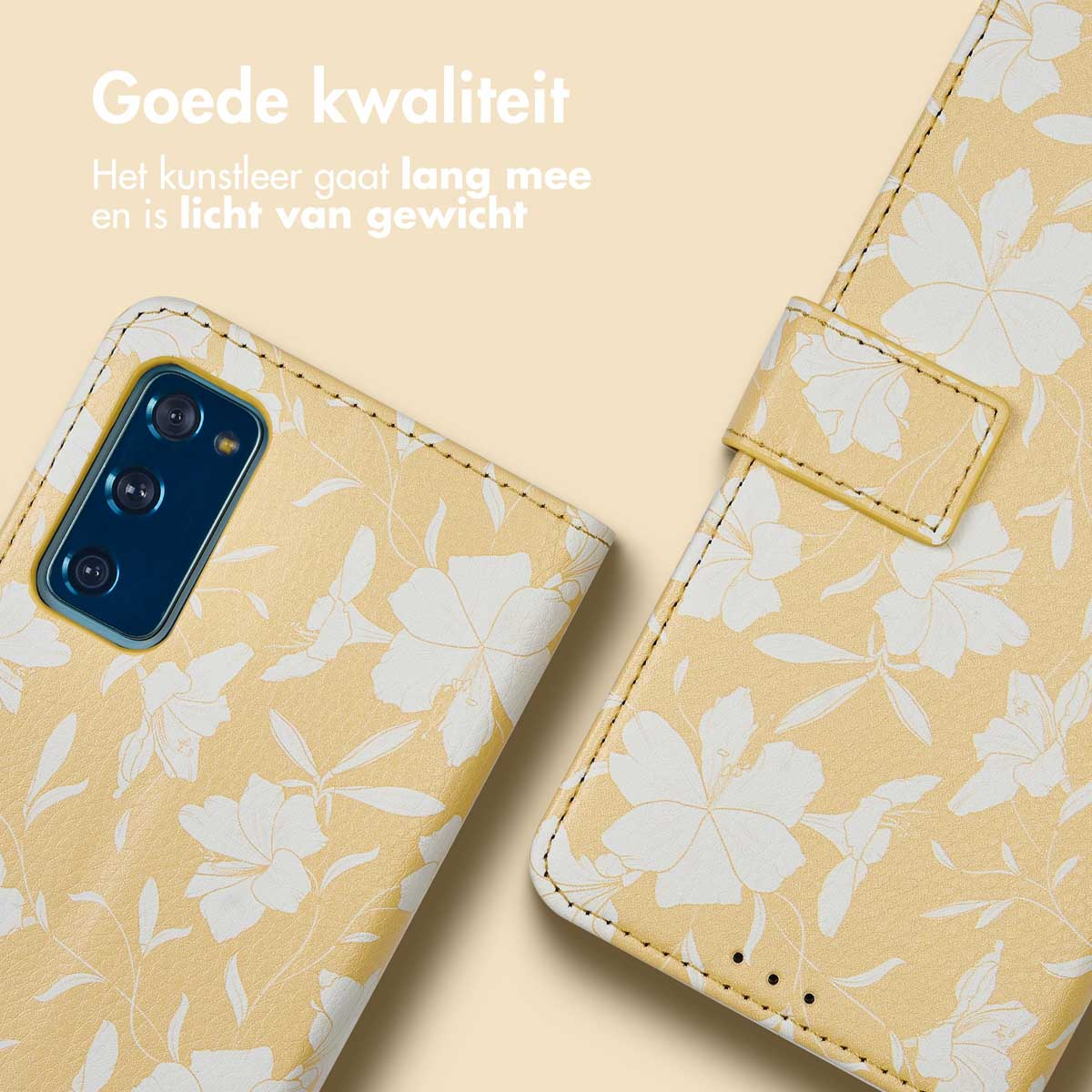 Coque de téléphone jaune avec un motif floral blanc. Le téléphone est jaune. Le fond est jaune clair.