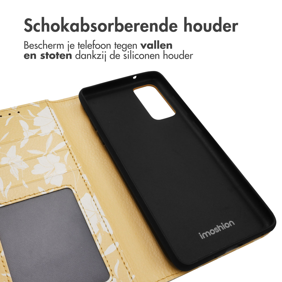 Coque de téléphone noire avec intérieur floral jaune. Fond crème.