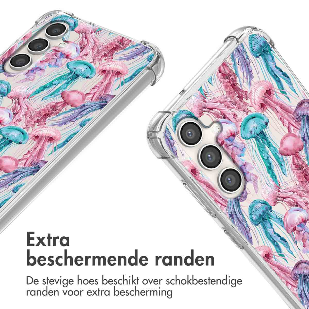 Transparante telefoonhoes met kwallen. De hoes is transparant. Er zijn roze en blauwe kwallen.