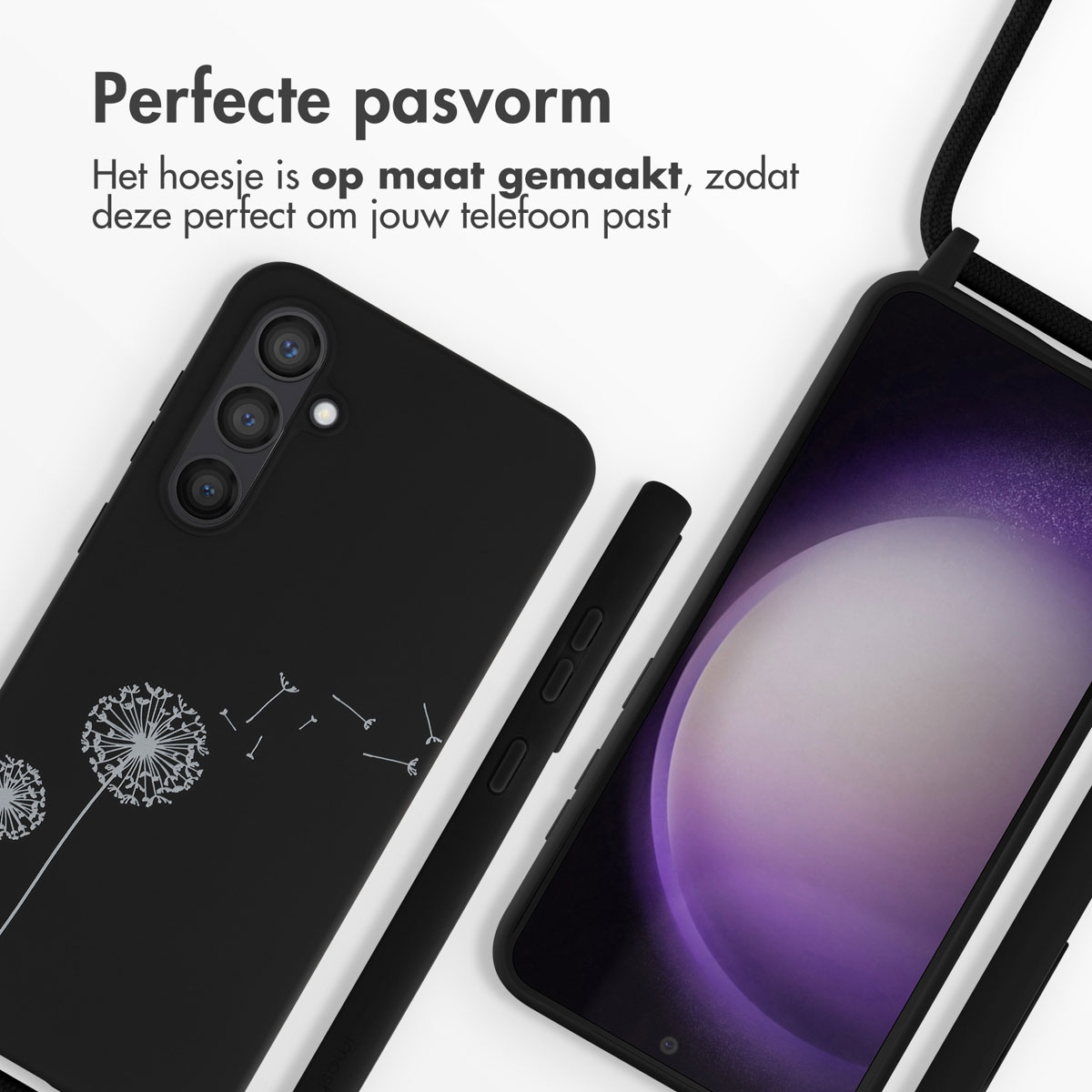 Coque de téléphone avec un motif de pissenlit et un téléphone avec écran sombre est visible.