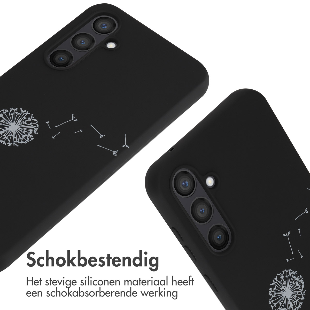 Coques de téléphone noires montrant un motif de pissenlit. Elles sont antichoc, en silicone.