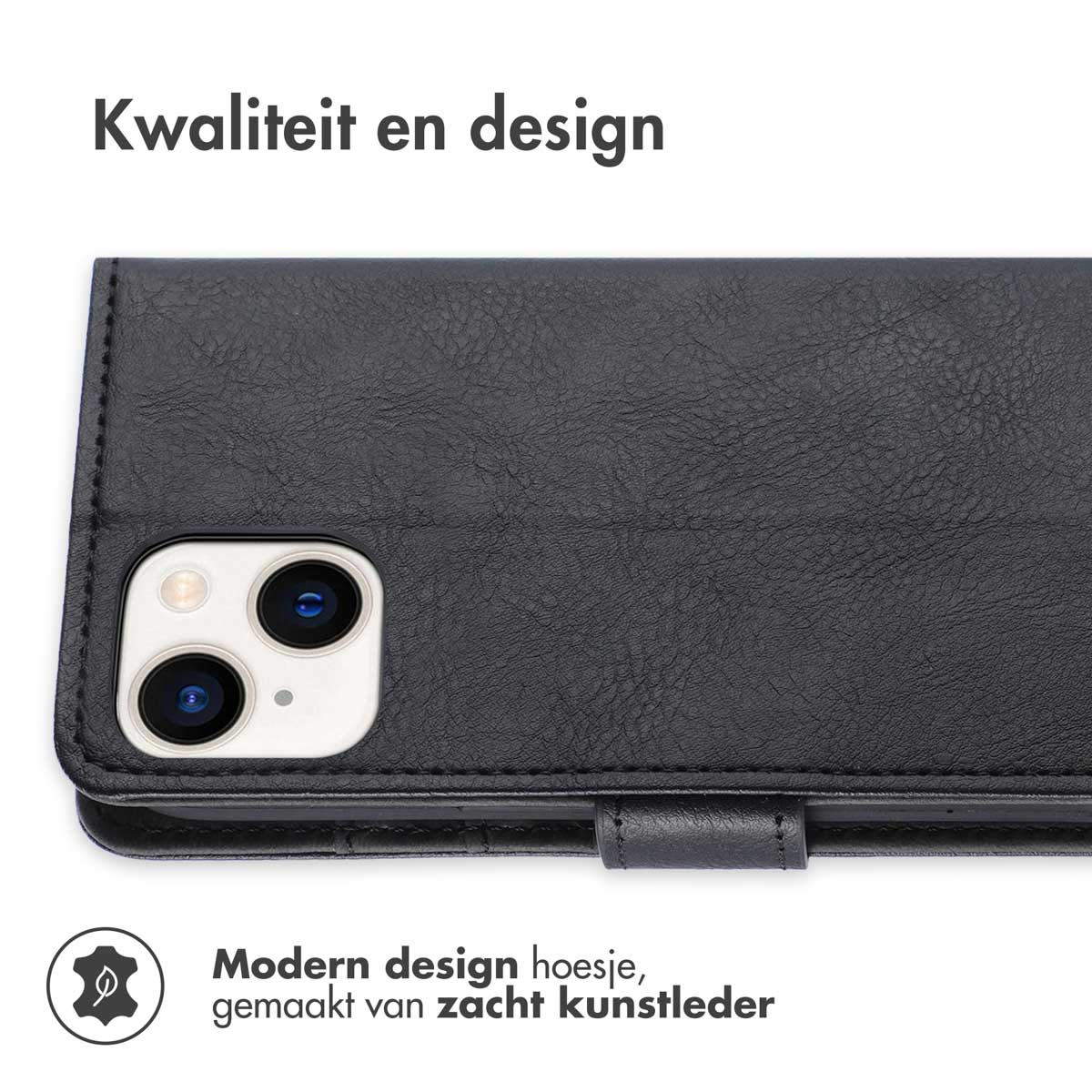 Étui de téléphone noir avec découpe caméra, en cuir souple, et texte 'Kwaliteit en design'. En bas, le texte est 'Modern design hoesje'.