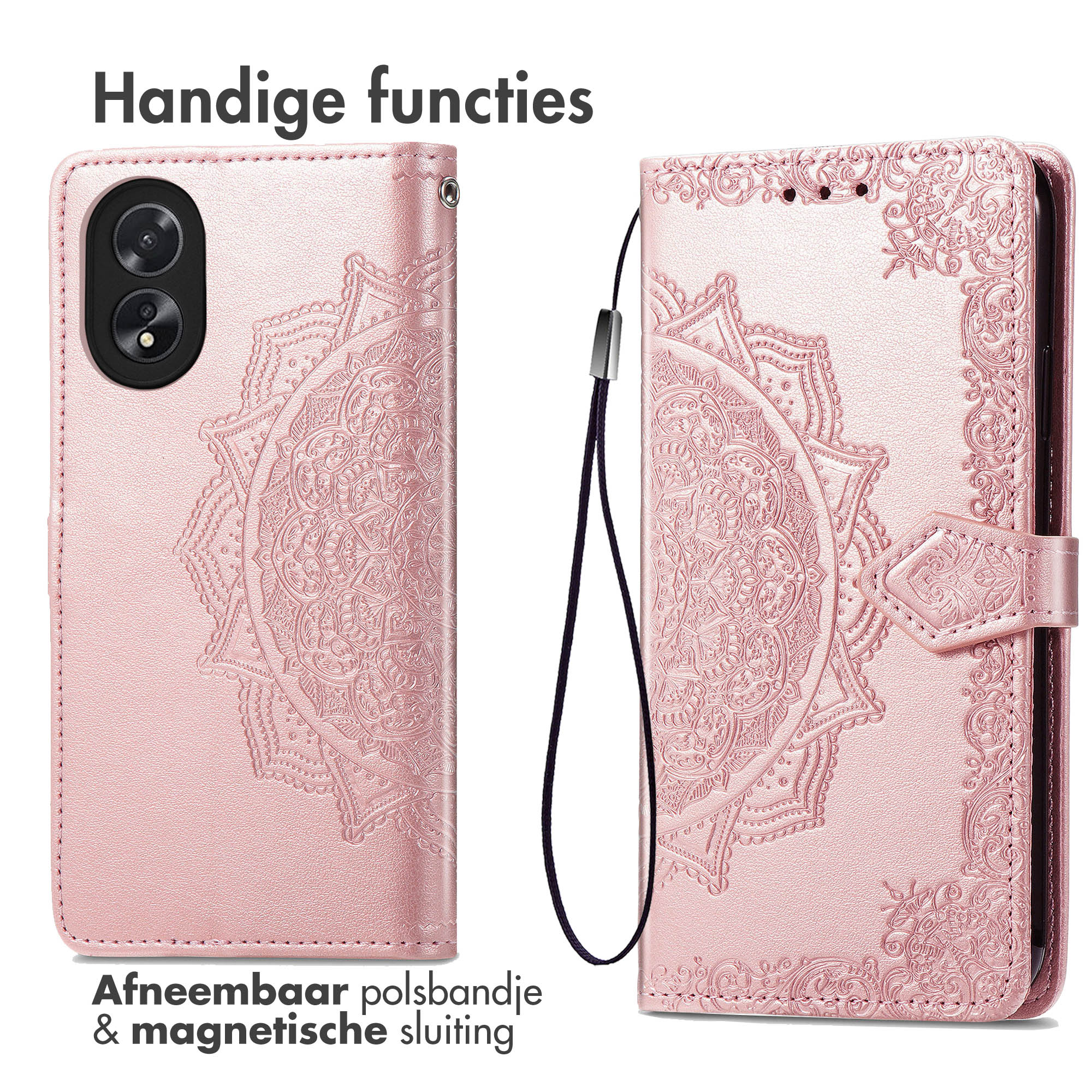 Roze telefoonhoes, open, met een mandala-ontwerp. Zwarte riem bevestigd. Telefoon binnenin.