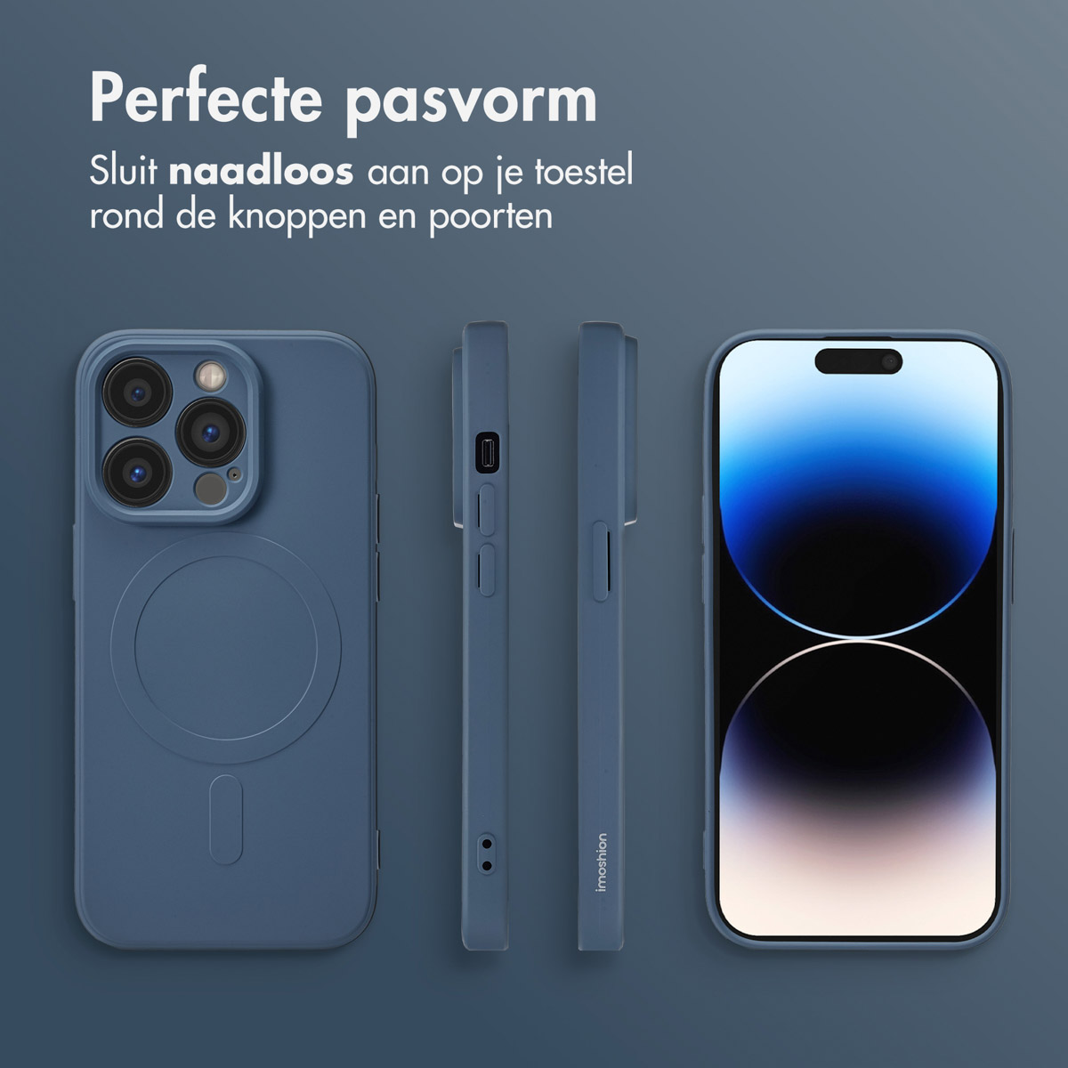 Donkerblauwe telefoonhoes met telefoon en twee zijaanzichten, op een blauwe achtergrond. Tekst luidt 'Perfecte pasvorm'.