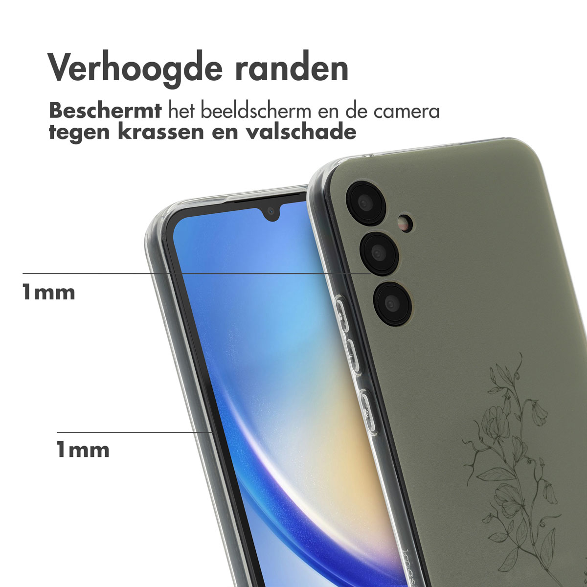 Telefoonhoesje, groen, en een telefoon. Tekst: Verhoogde randen.