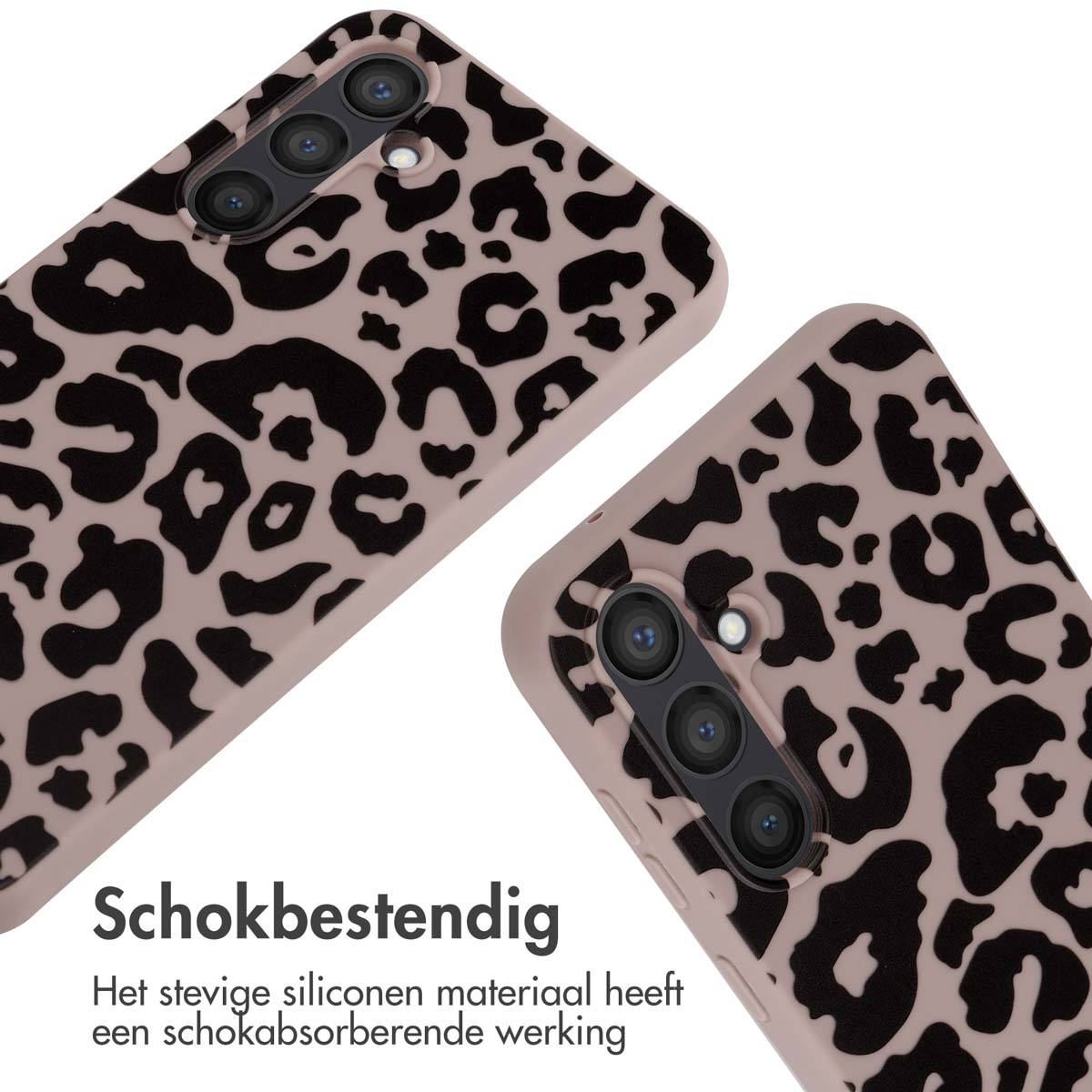 Twee telefoonhoesjes, de ene bovenop de andere, met een luipaardpatroon. De tekst 'Schokbestendig' is zichtbaar.