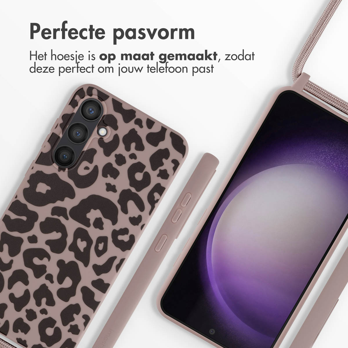 Telefoonhoesje met luipaardprint en een telefoon. Tekst: Perfecte pasvorm.