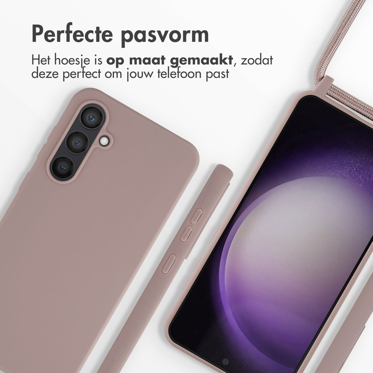 Telefoon en hoesje in bijpassende roze kleur. Hoesje heeft camera-uitsparingen, een koord en knoppen.
