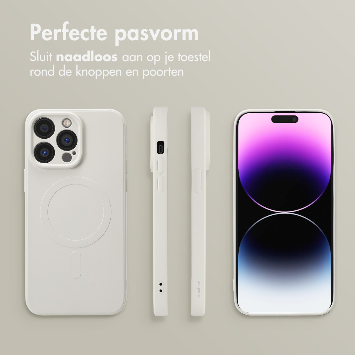 Witte telefoonhoes met telefoon en twee zijaanzichten, op een lichtgrijze achtergrond. Tekst luidt 'Perfecte pasvorm'.