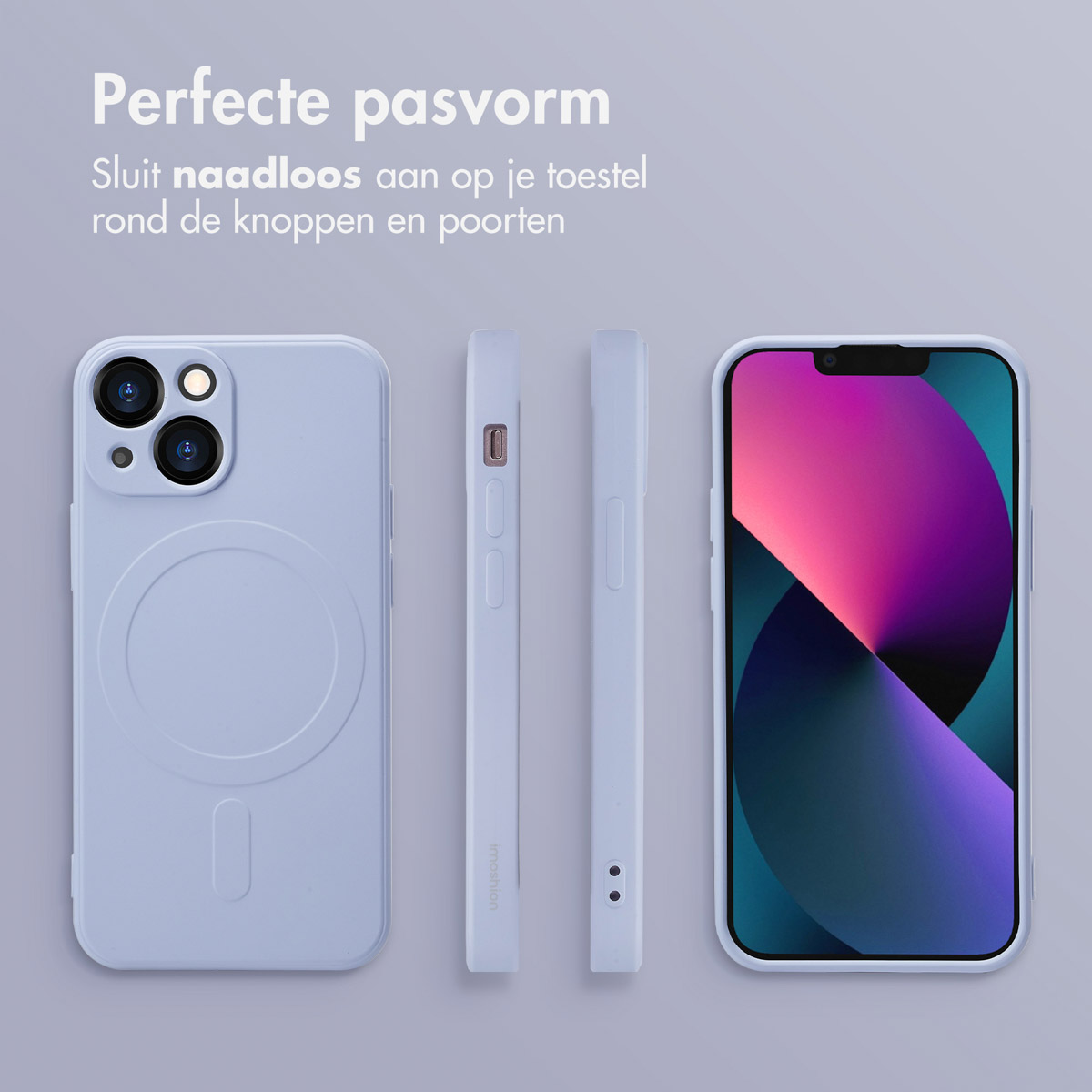 Lichtblauwe telefoonhoes met telefoon en twee zijaanzichten, op een lichtpaarse achtergrond. Tekst luidt 'Perfecte pasvorm'.