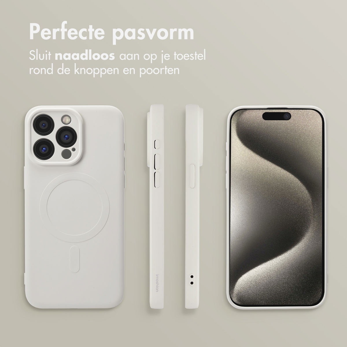 Witte telefoonhoes met telefoon en twee zijaanzichten, op een grijze achtergrond. Tekst luidt 'Perfecte pasvorm'.