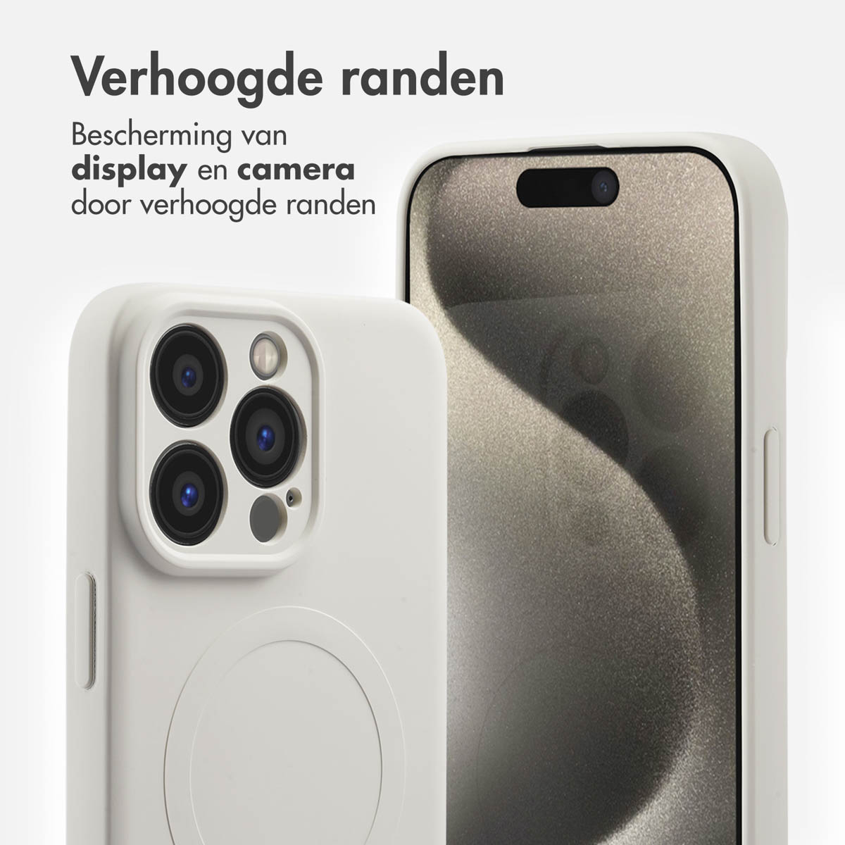 Witte telefoonhoes met een telefoon erin. De achterkant van de telefoon is zichtbaar.