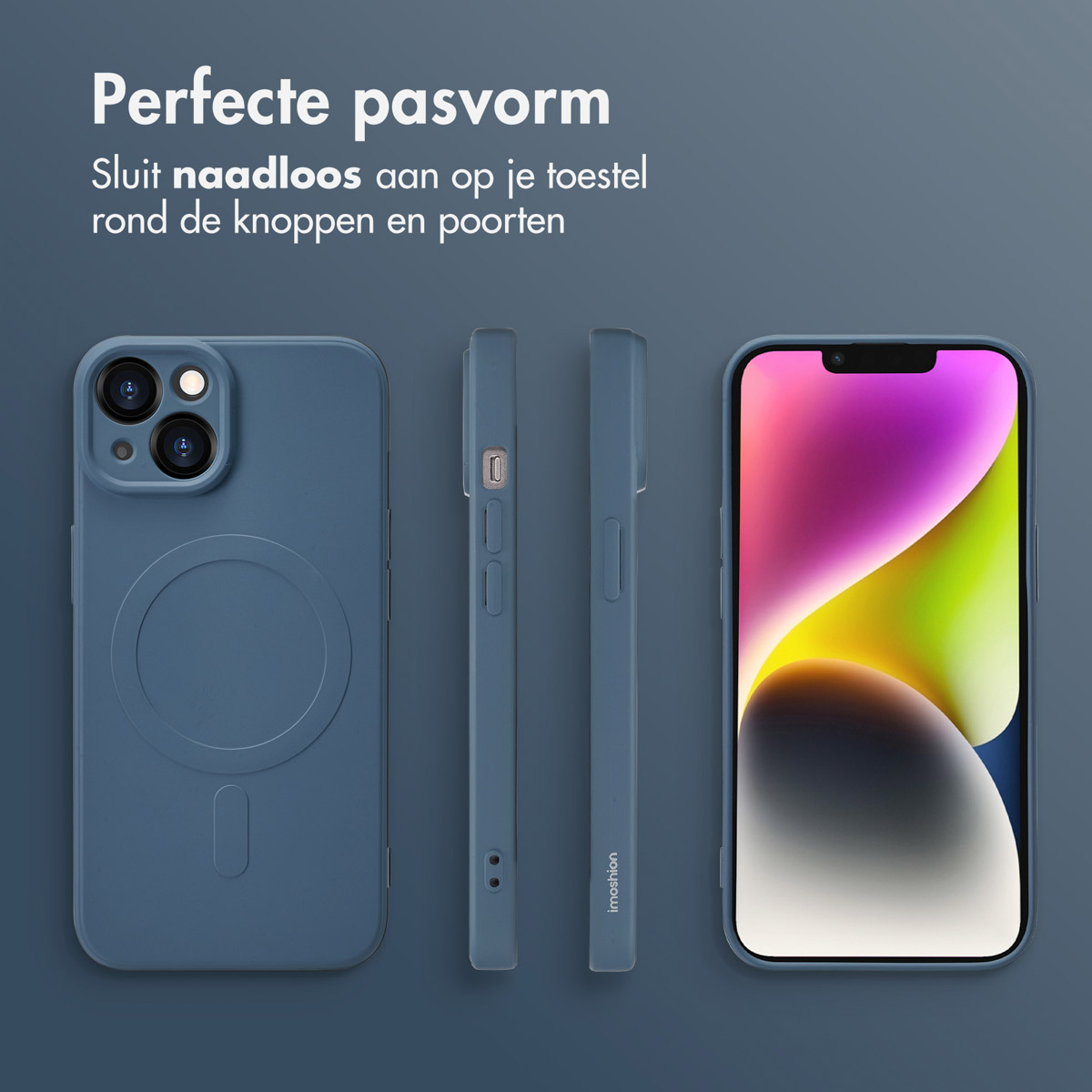 Coque de téléphone bleu foncé avec téléphone et deux vues latérales, sur fond bleu. Le texte dit 'Ajustement parfait'.