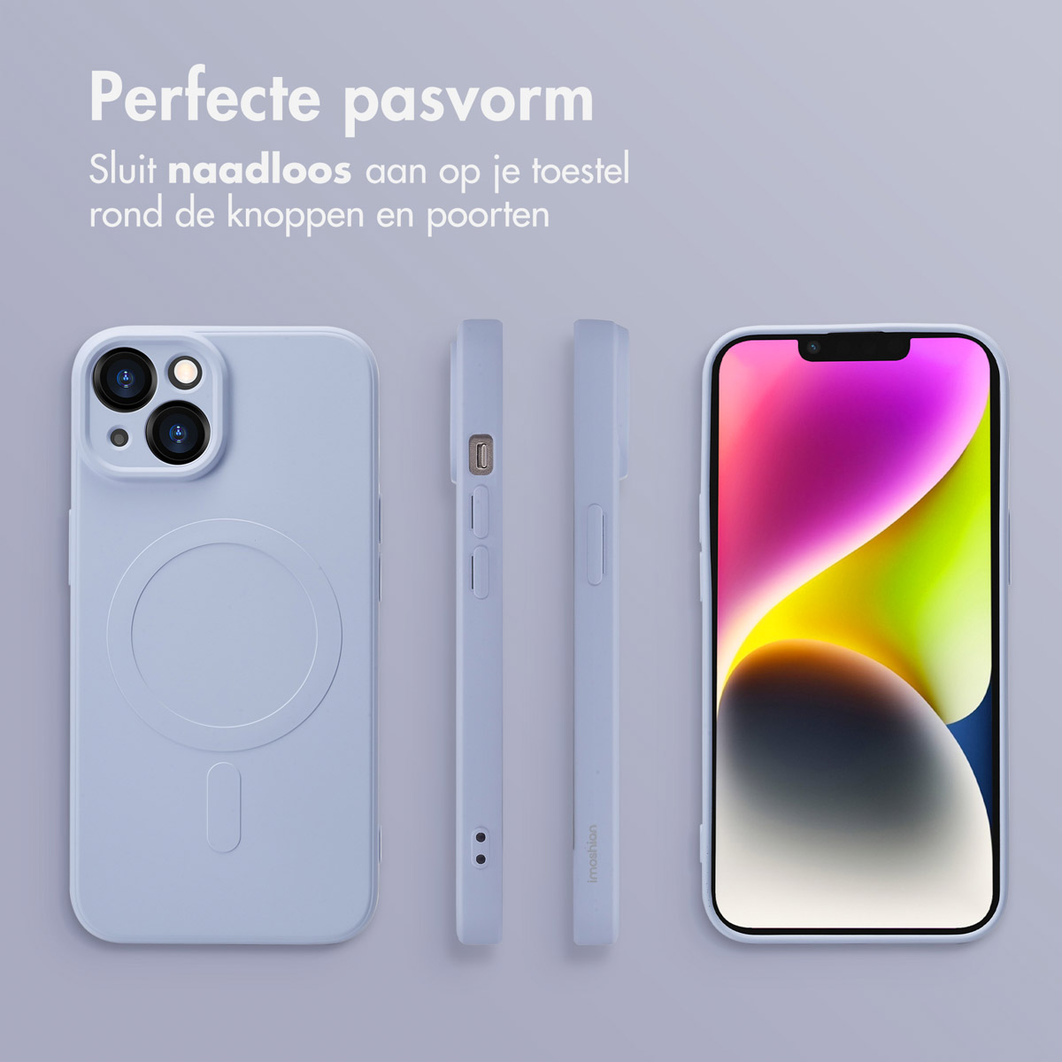 Coque de téléphone bleu clair avec téléphone et deux vues latérales, sur fond lilas clair. Le texte dit 'Ajustement parfait'.