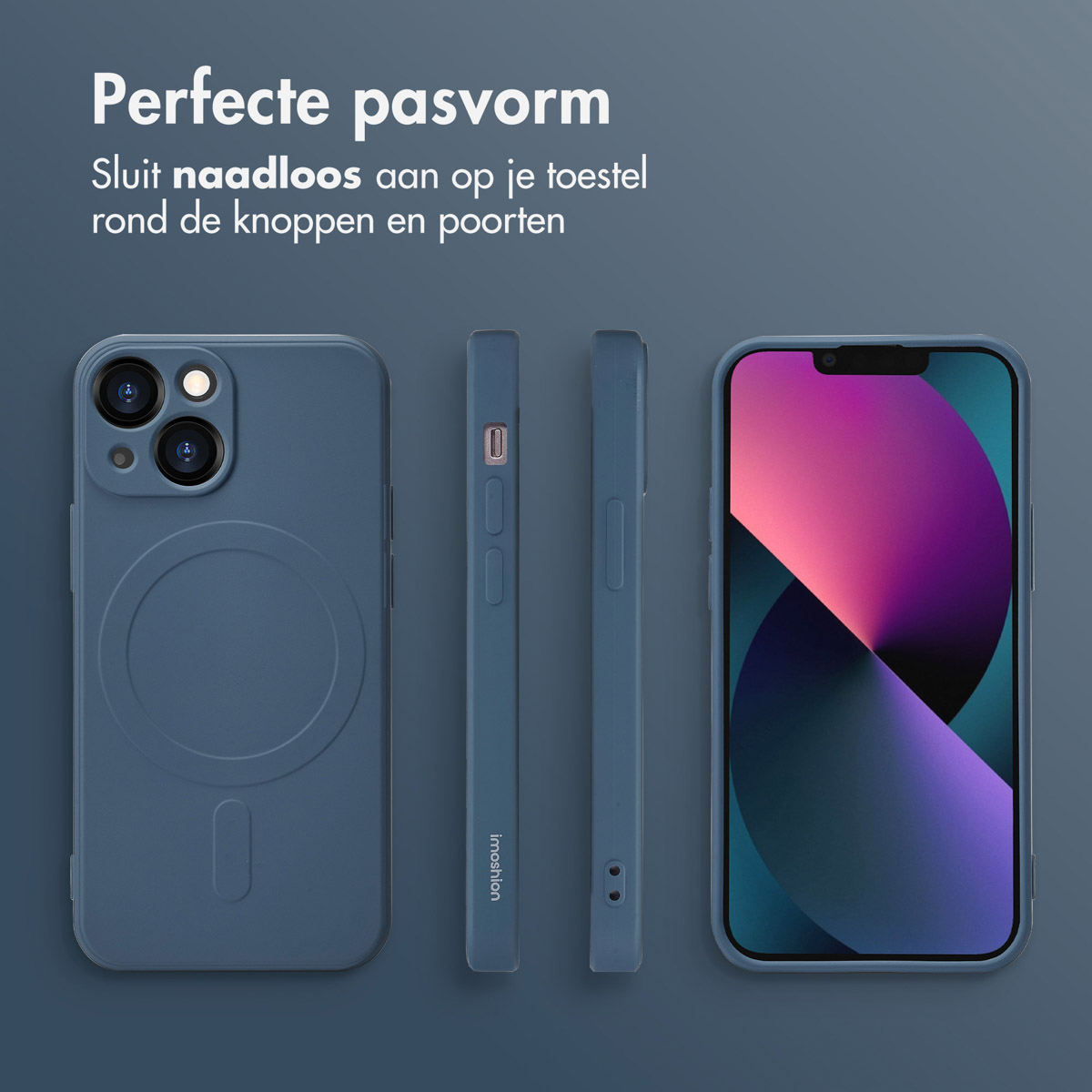 Blauwe telefoonhoes met een telefoon erin, met tekst over perfecte pasvorm.