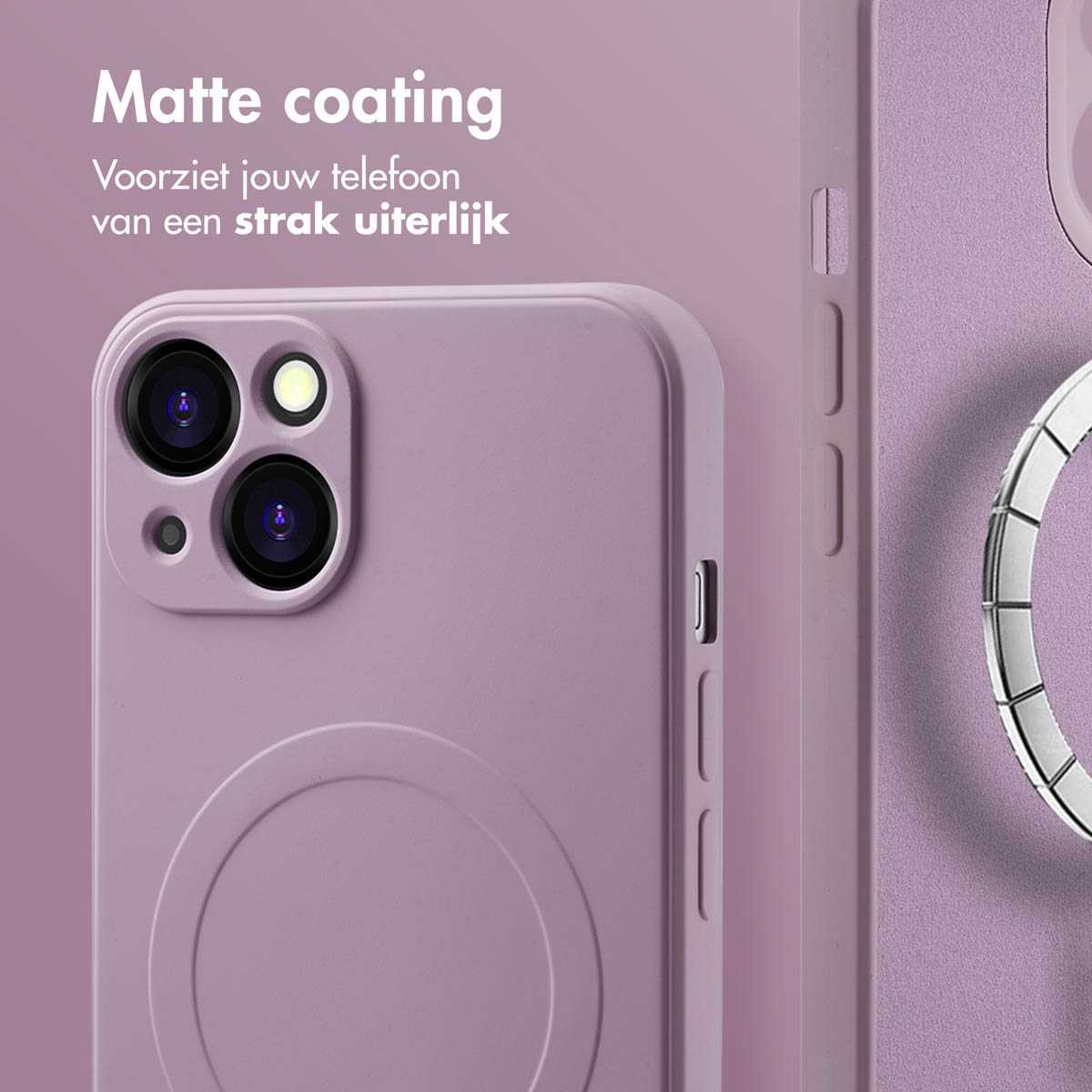 Een paarse telefoonhoes met een ring. Een andere hoes ligt ernaast.