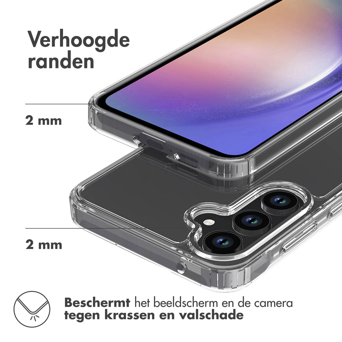 Telefono in custodia trasparente, che mostra bordi rialzati. Testo: Protegge schermo e fotocamera.