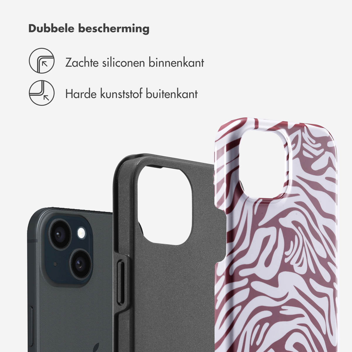Trois étuis de téléphone, montrant différentes couches de protection. Le texte 'Dubbele bescherming' est visible.