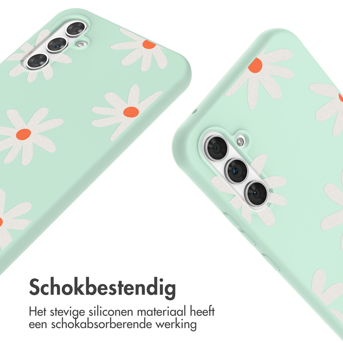 Deux coques de téléphone avec motif de marguerites. Base vert menthe. Fleurs blanches.